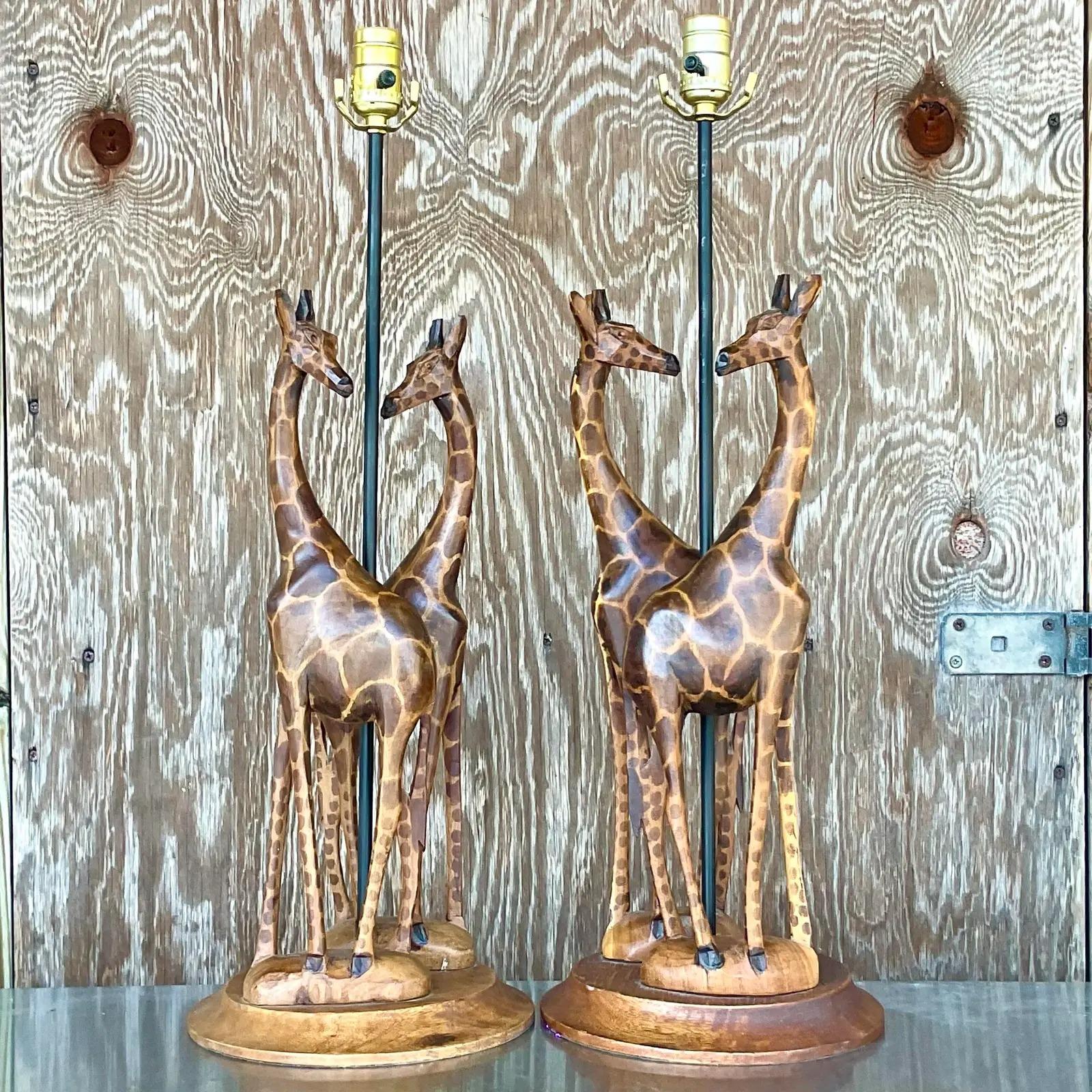 Vintage Hand Carved Giraffe Table Lamps, a Pair In Good Condition In west palm beach, FL