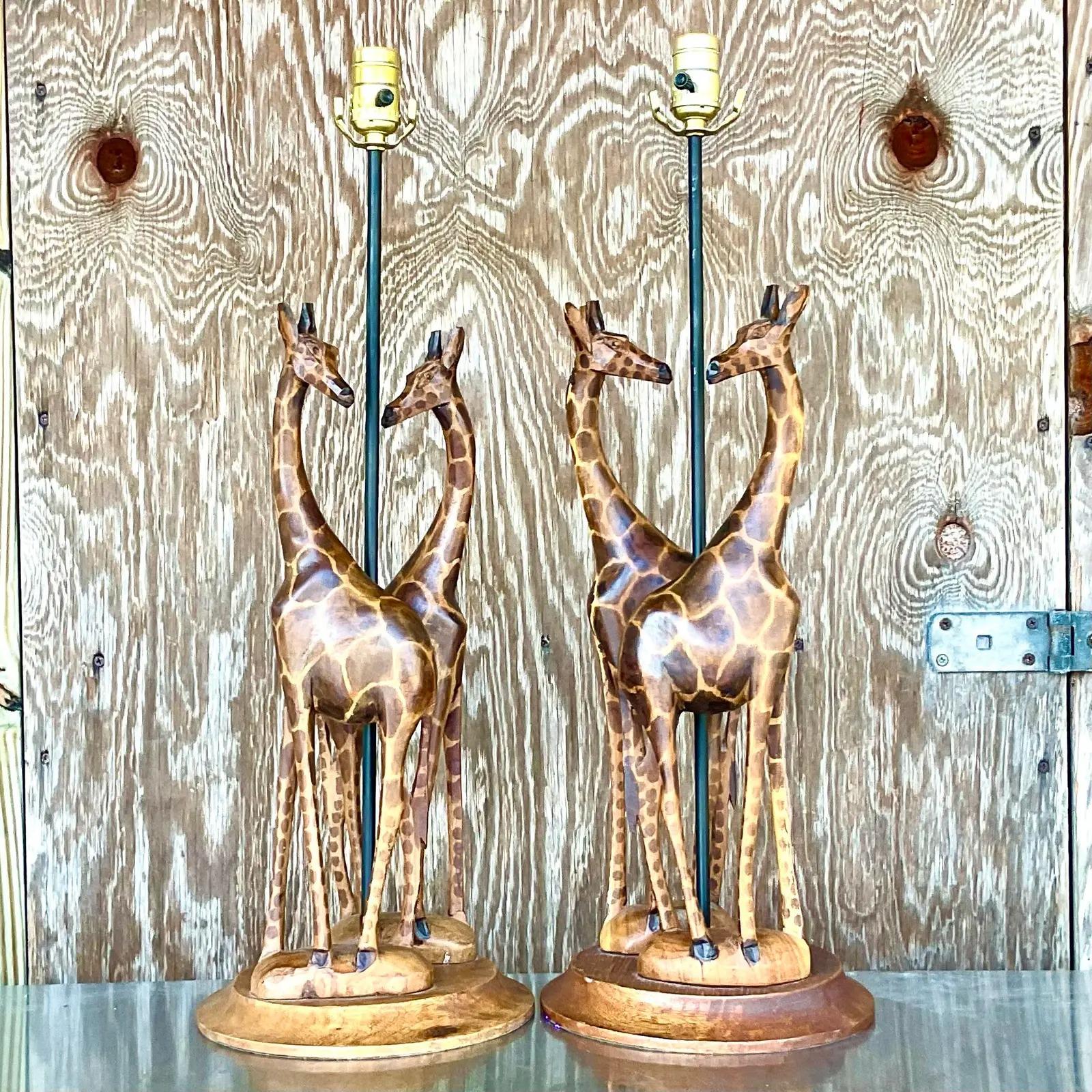 20th Century Vintage Hand Carved Giraffe Table Lamps, a Pair