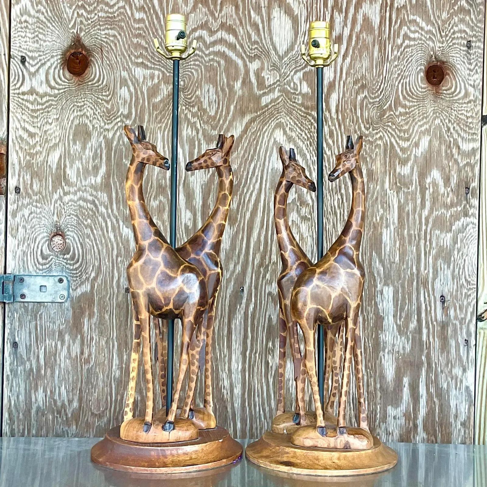Wood Vintage Hand Carved Giraffe Table Lamps, a Pair