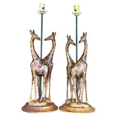 Vintage Hand Carved Giraffe Table Lamps, a Pair
