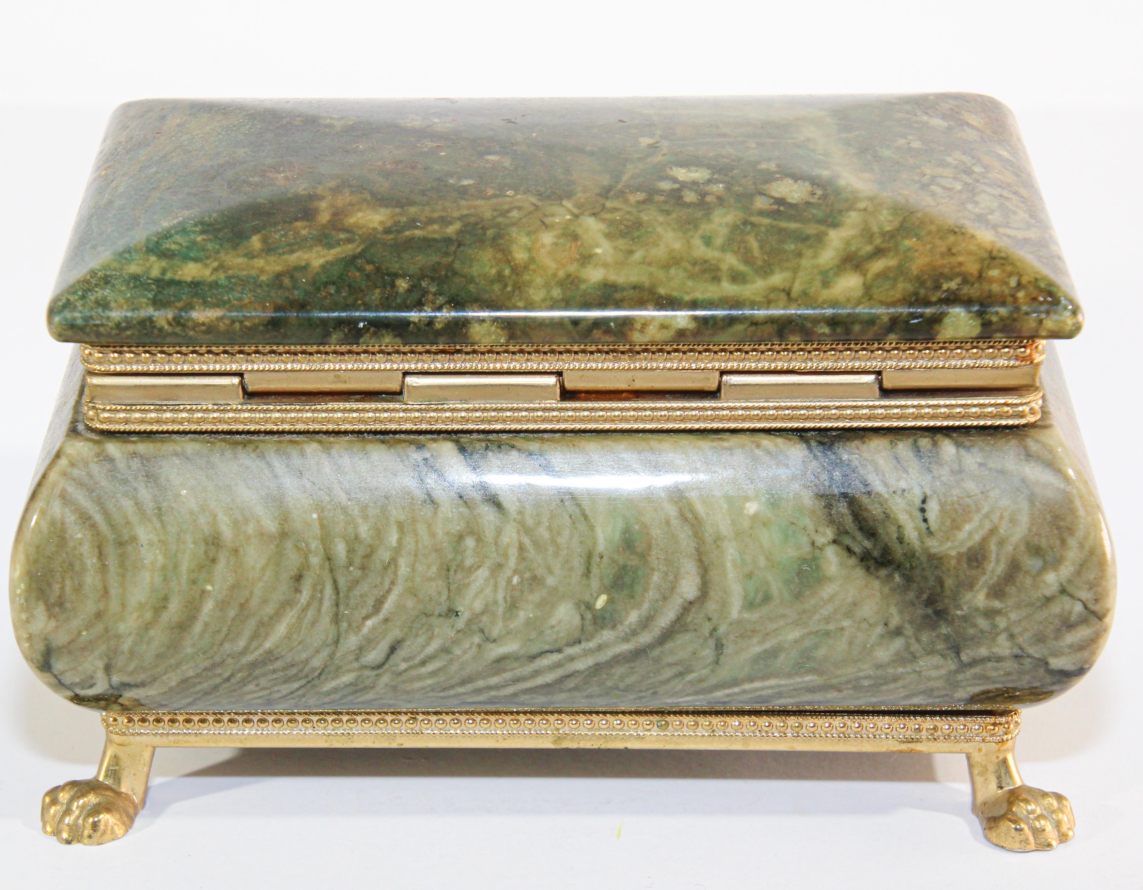 Vintage Hand-Carved Green Italian Alabaster Box with Brass Claw Feet 2