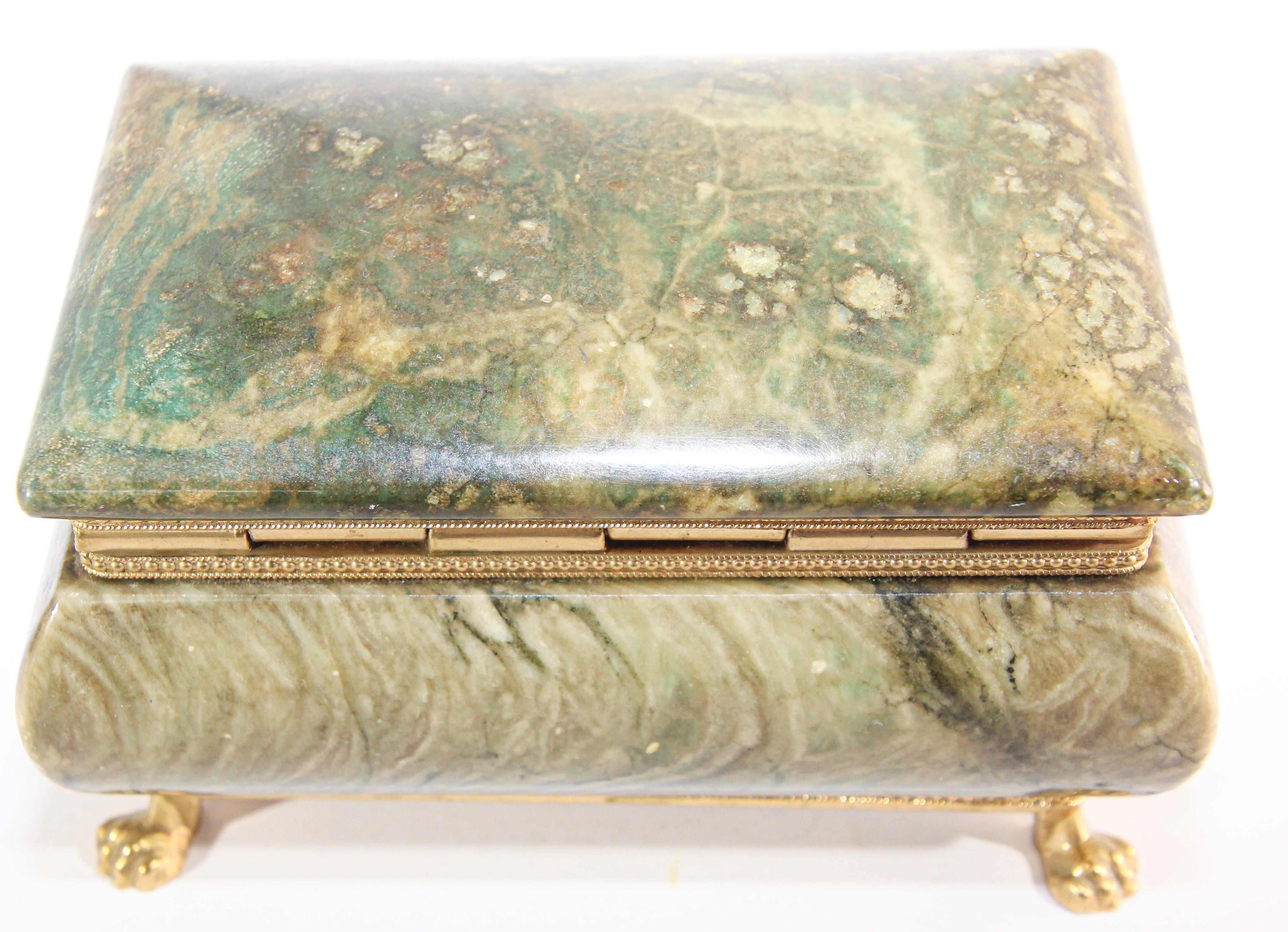 Vintage Hand-Carved Green Italian Alabaster Box with Brass Claw Feet 3