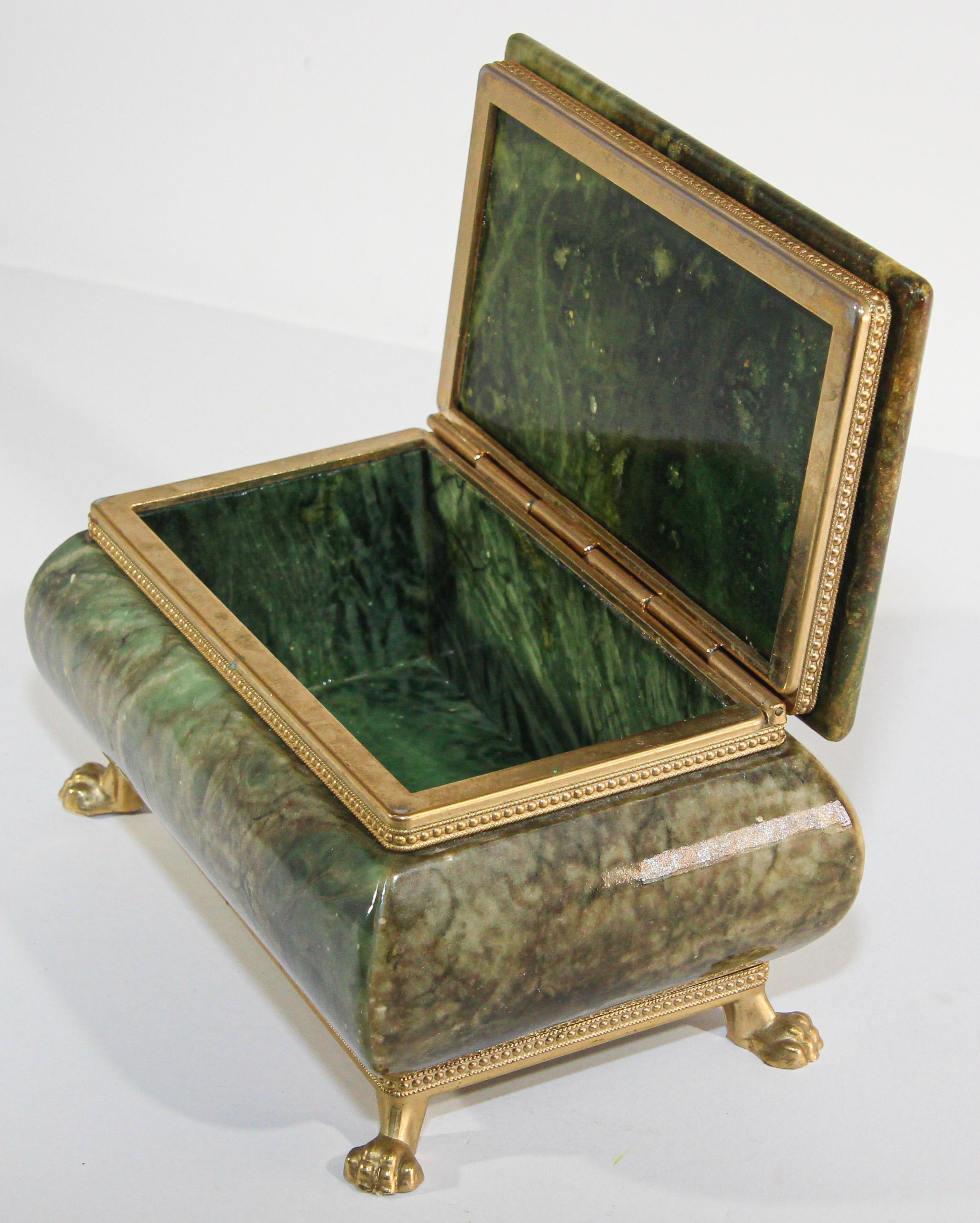 20th Century Vintage Hand-Carved Green Italian Alabaster Box with Brass Claw Feet