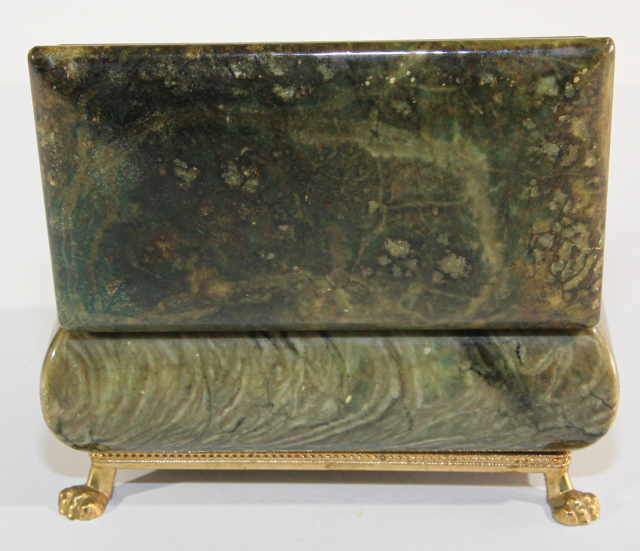 Vintage Hand-Carved Green Italian Alabaster Box with Brass Claw Feet 1