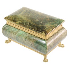 Retro Hand-Carved Green Italian Alabaster Box with Brass Claw Feet