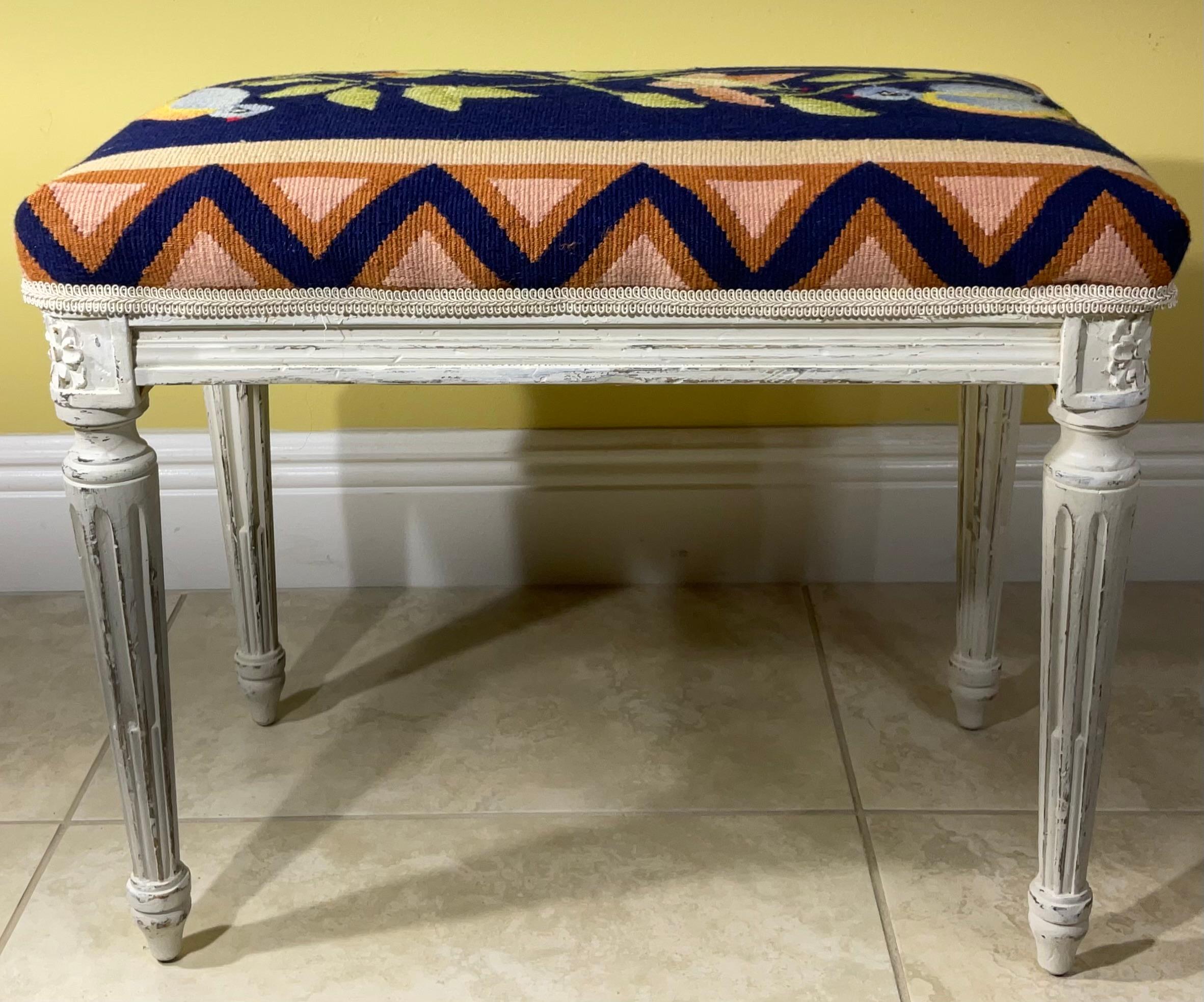 Unknown Vintage Hand Carved Hand Weave Tapestry Stool For Sale