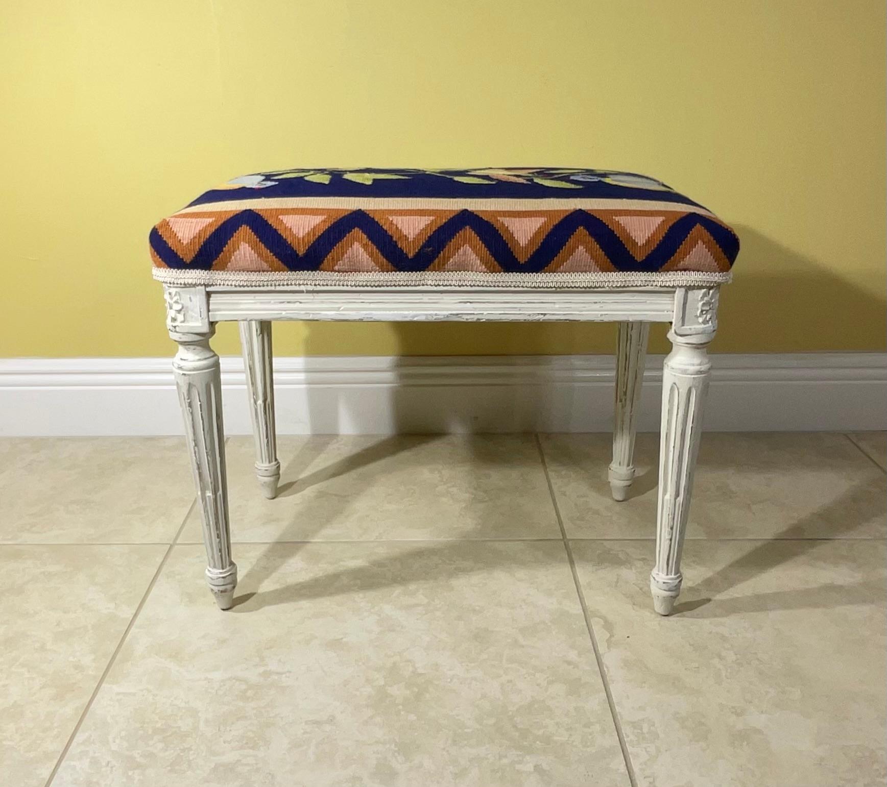 Vintage Hand Carved Hand Weave Tapestry Stool In Good Condition For Sale In Delray Beach, FL