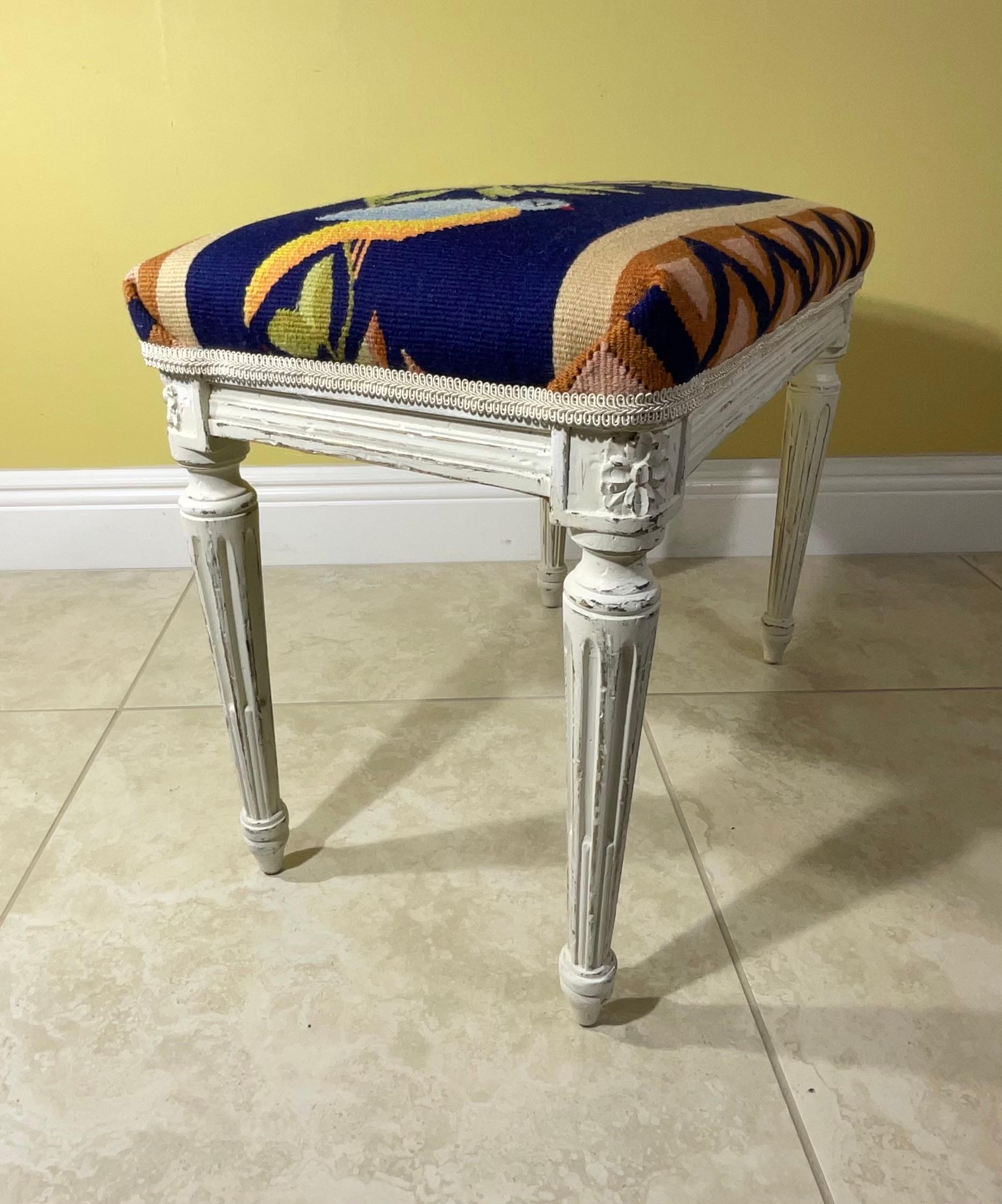 20th Century Vintage Hand Carved Hand Weave Tapestry Stool For Sale