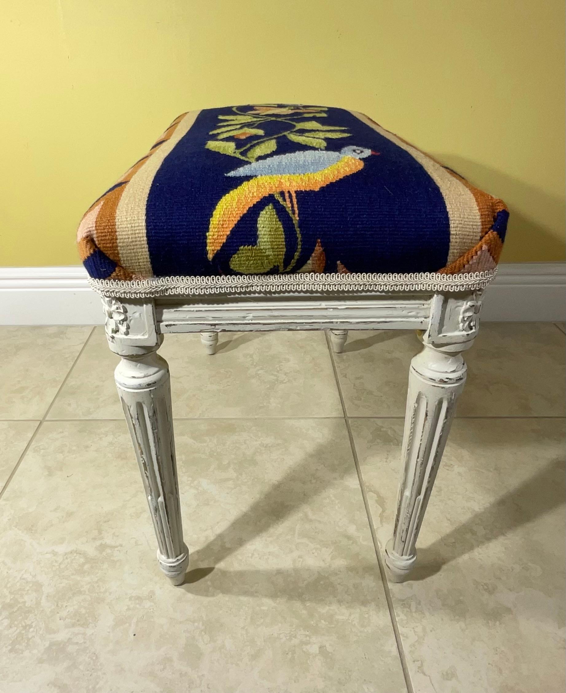 Wool Vintage Hand Carved Hand Weave Tapestry Stool For Sale