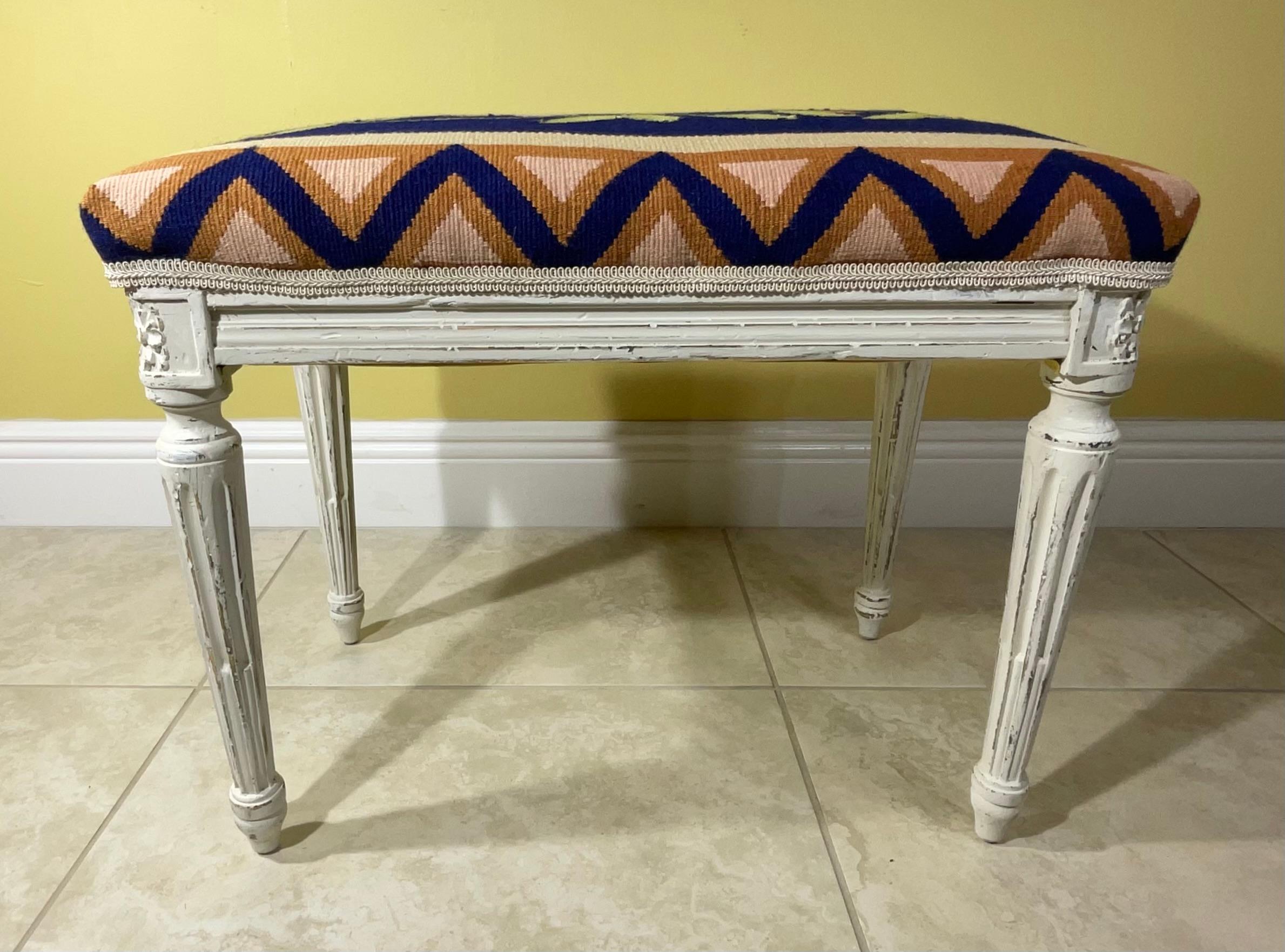 Vintage Hand Carved Hand Weave Tapestry Stool For Sale 1