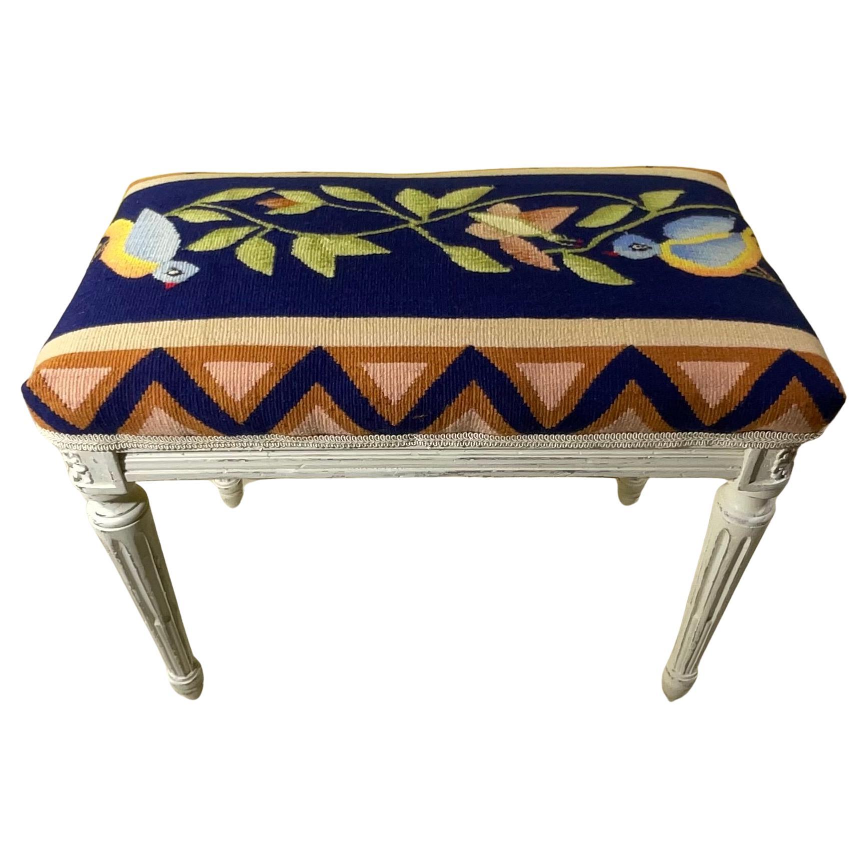 Vintage Hand Carved Hand Weave Tapestry Stool For Sale