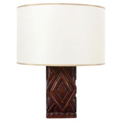 Vintage Hand-Carved Iroko Wood Table Lamp, African-Inspired Design