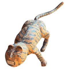 Vintage Hand-carved Jackfruit Wood Tiger Sculpture with hand-painted detailing