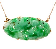 Vintage Hand Carved Jade Necklace Antique Georgian Pendant 14K Yellow Gold
