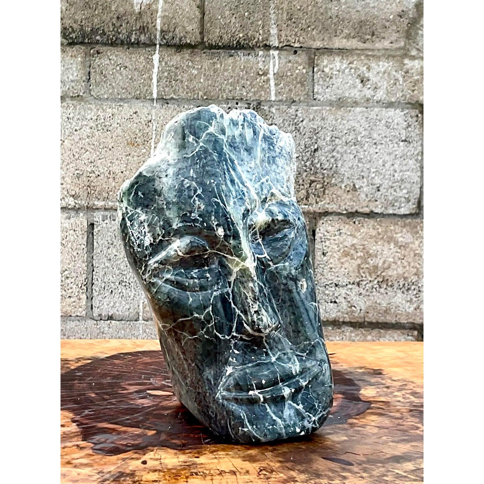 Fantastic vintage carved marble sculpture. A beautiful face in an abstract composition. Unsigned. Acquired from a Palm Beach estate.