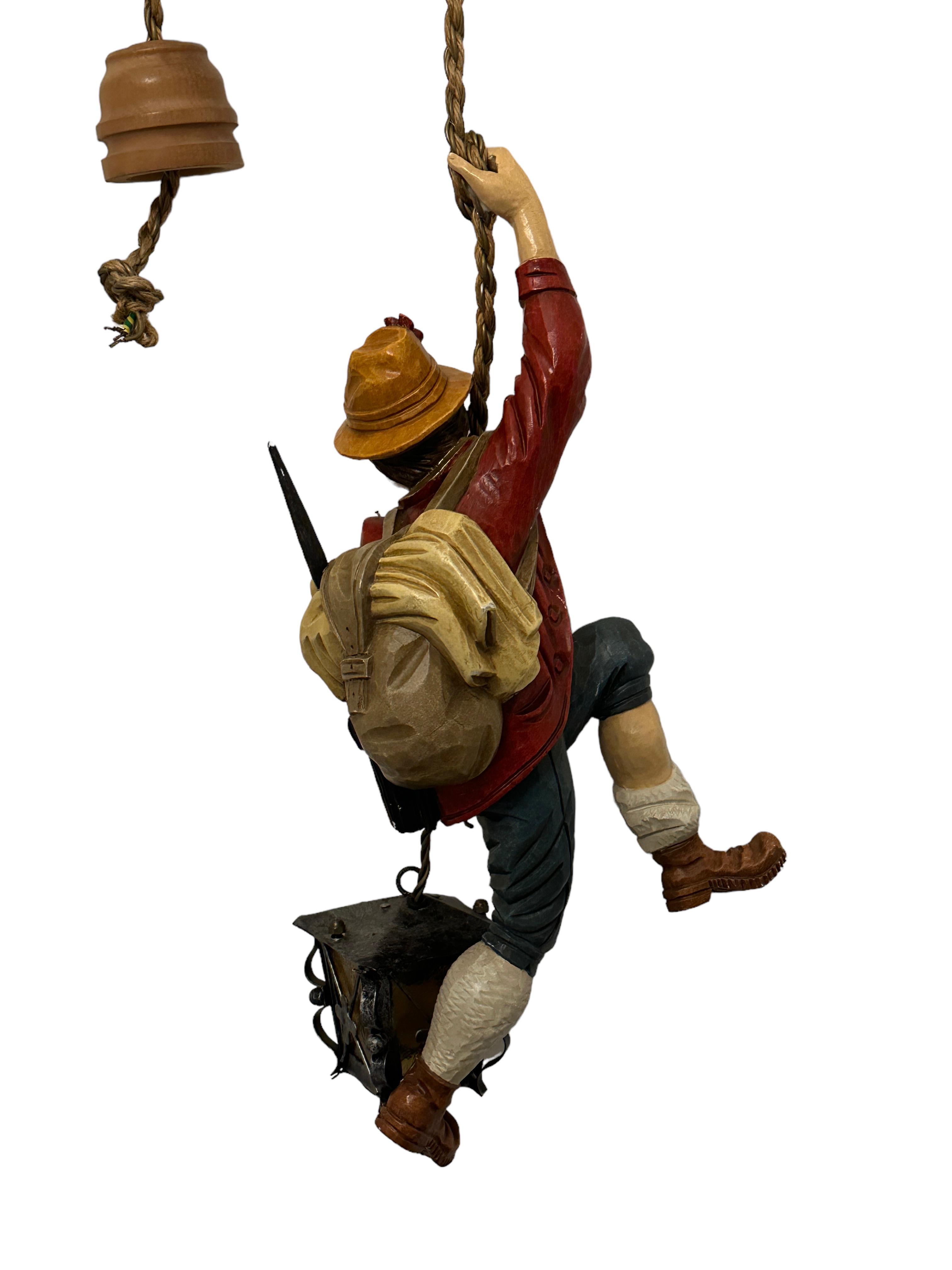 Vintage Hand Carved Mountain Climber or Mountaineer Pendant Light, Austria 1970s For Sale 3