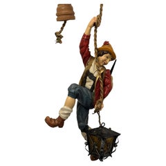 Vintage Hand Carved Mountain Climber or Mountaineer Pendant Light, Austria 1970s