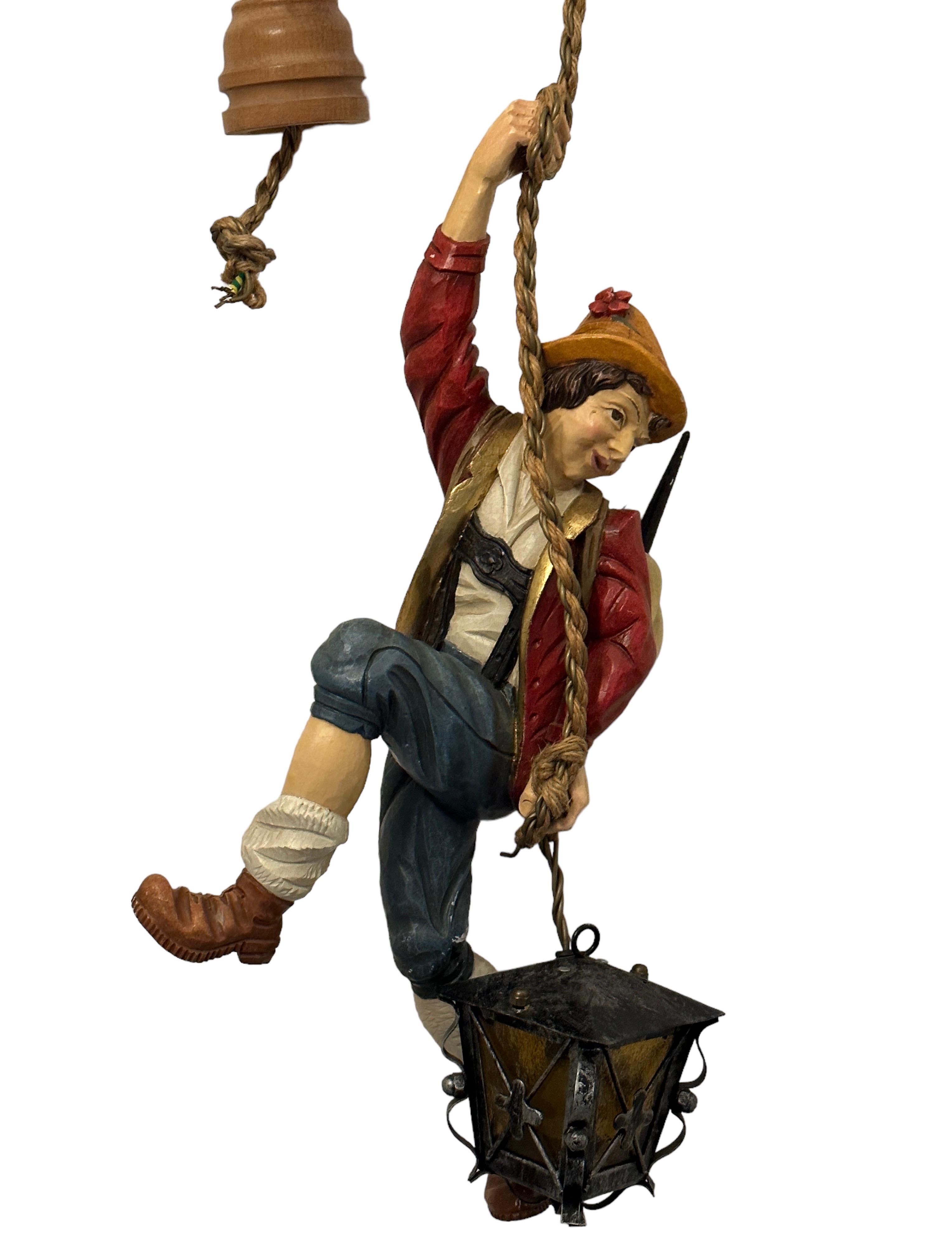 Austrian Vintage Hand Carved Mountain Climber or Mountaineer Pendant Light, Austria 1970s For Sale
