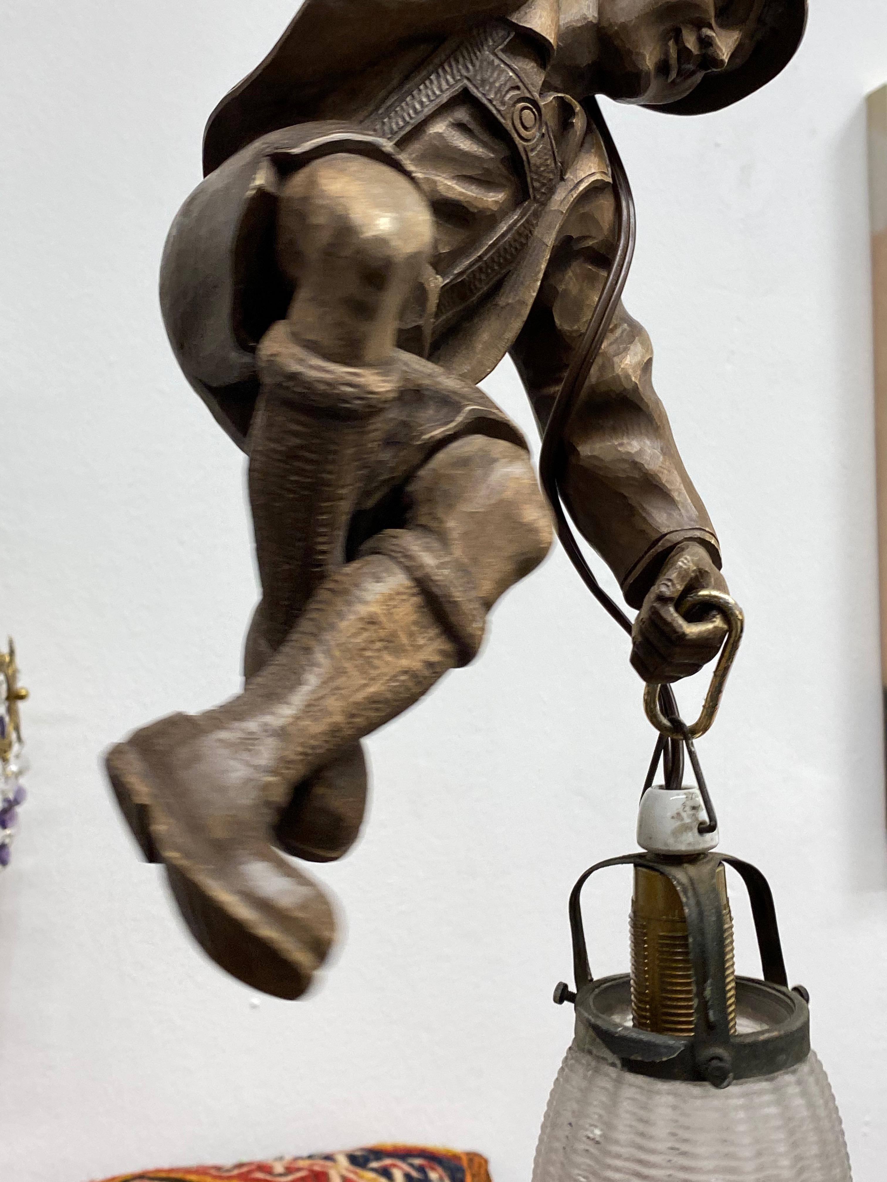 Vintage Hand Carved Mountain Climber or Mountaineer Pendant Light 9