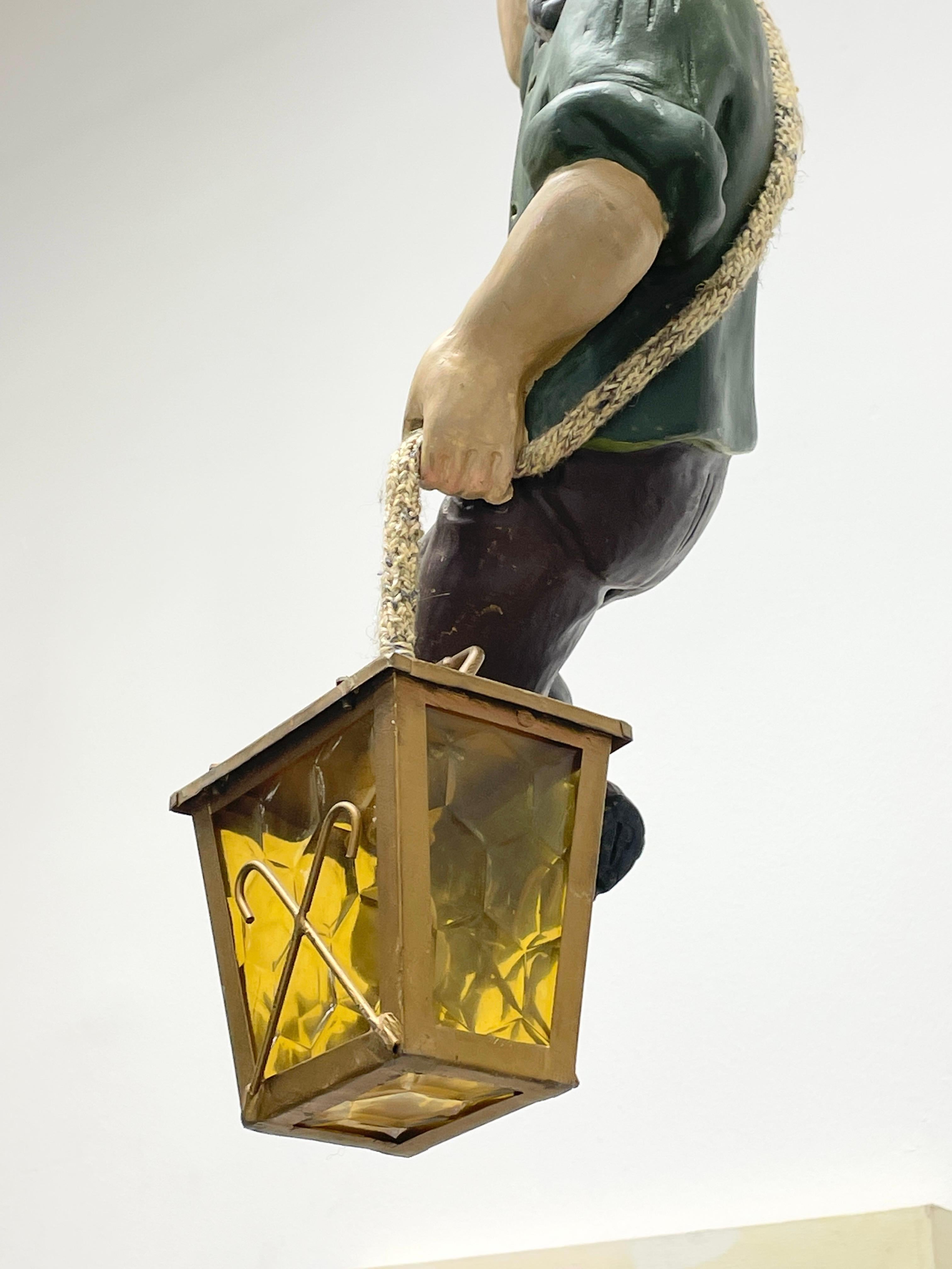 Vintage Hand Carved Mountain Climber or Mountaineer Pendant Light In Good Condition For Sale In Nuernberg, DE