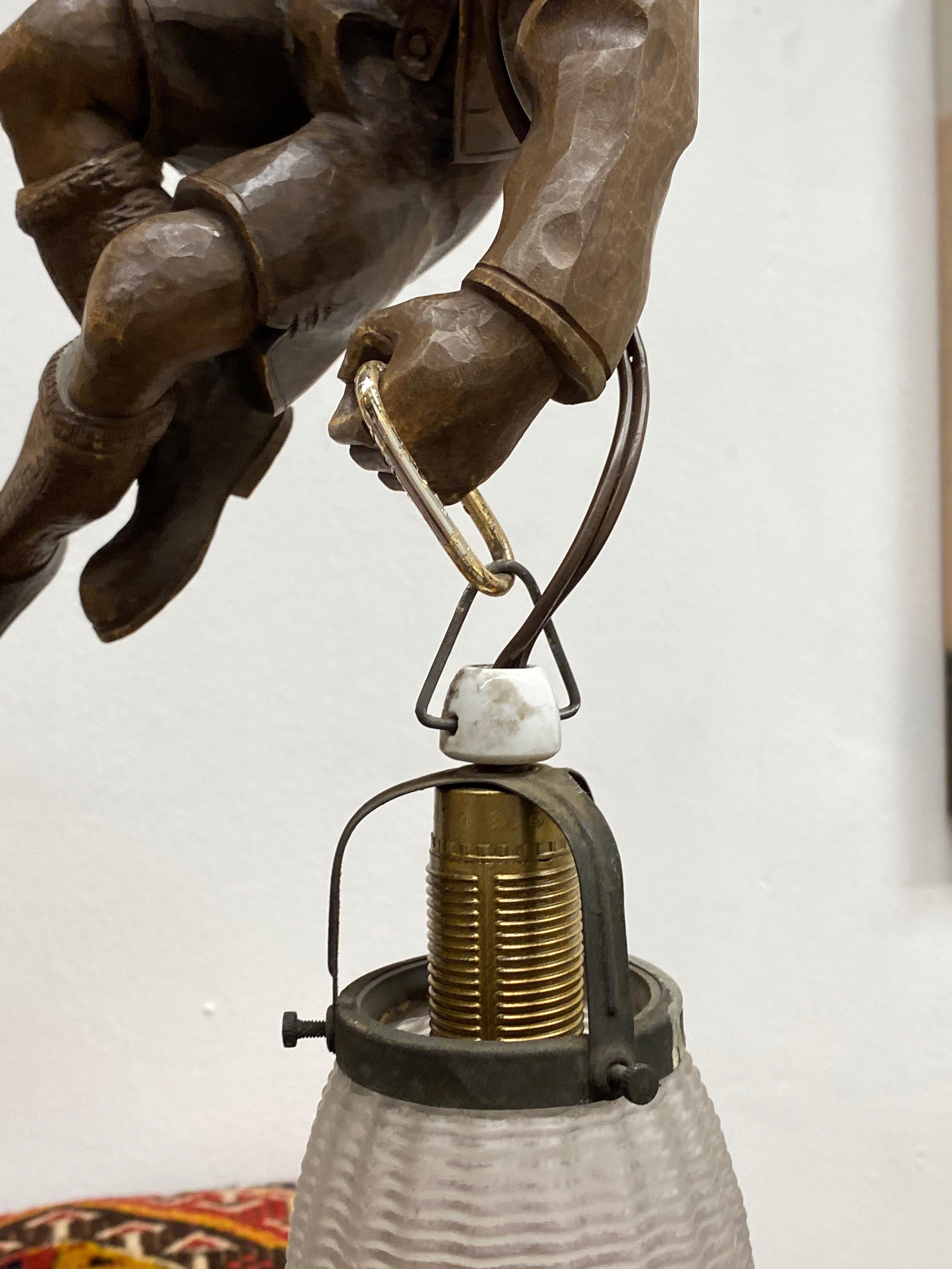 Vintage Hand Carved Mountain Climber or Mountaineer Pendant Light 2