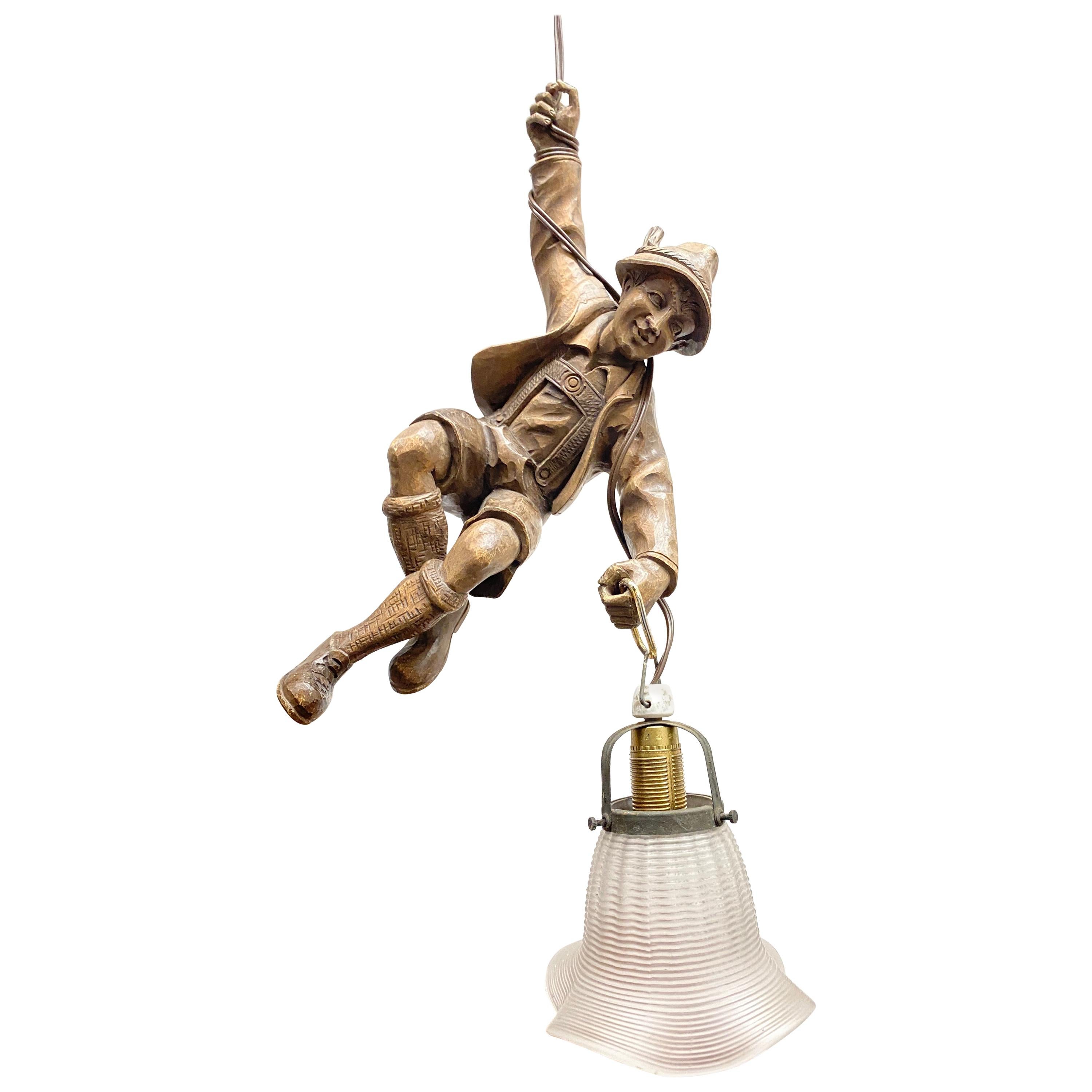 Vintage Hand Carved Mountain Climber or Mountaineer Pendant Light For Sale