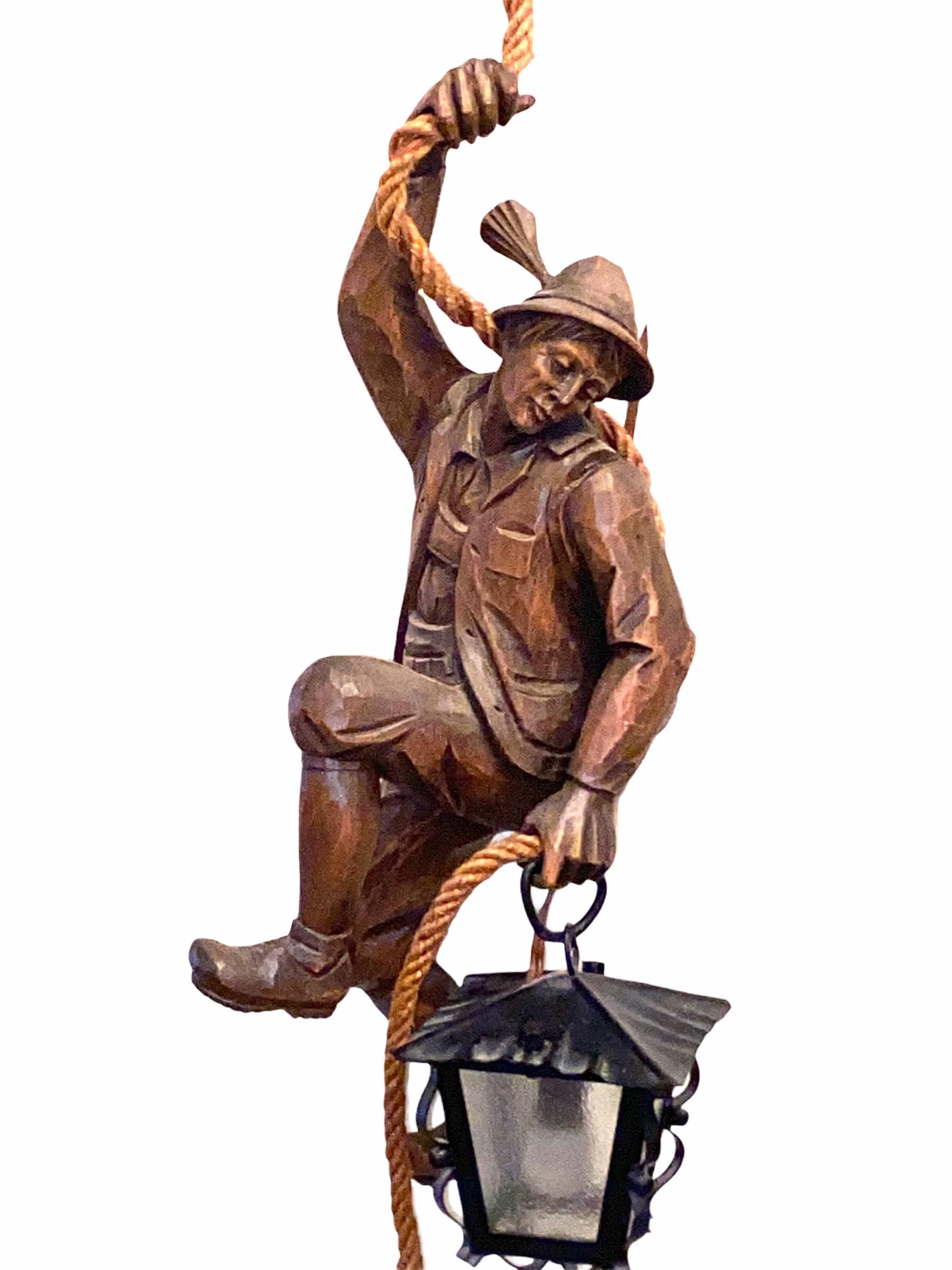 Black Forest Vintage Hand Carved Mountain Climber or Mountaineer Pendant Light with Lantern