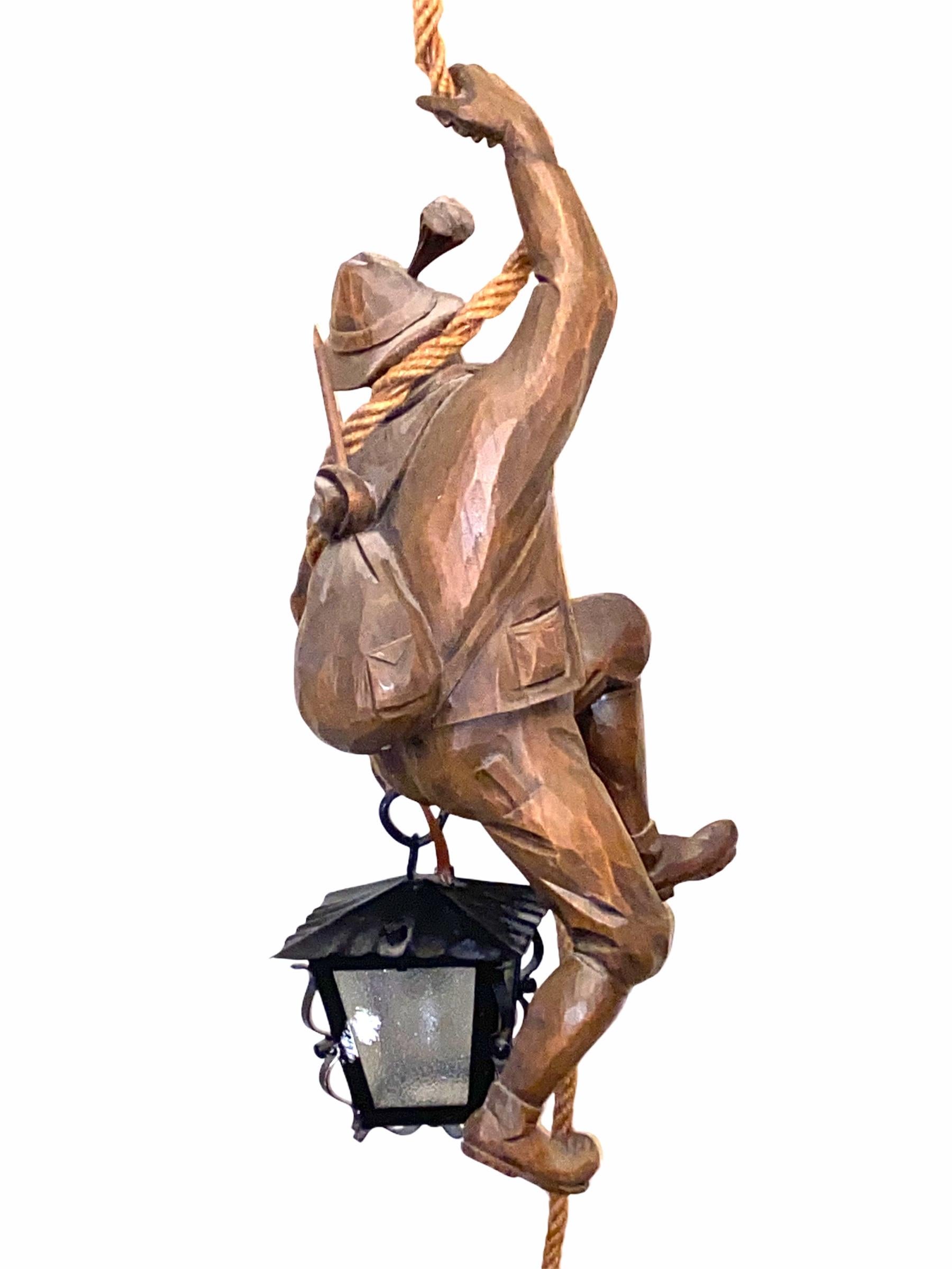 German Vintage Hand Carved Mountain Climber or Mountaineer Pendant Light with Lantern