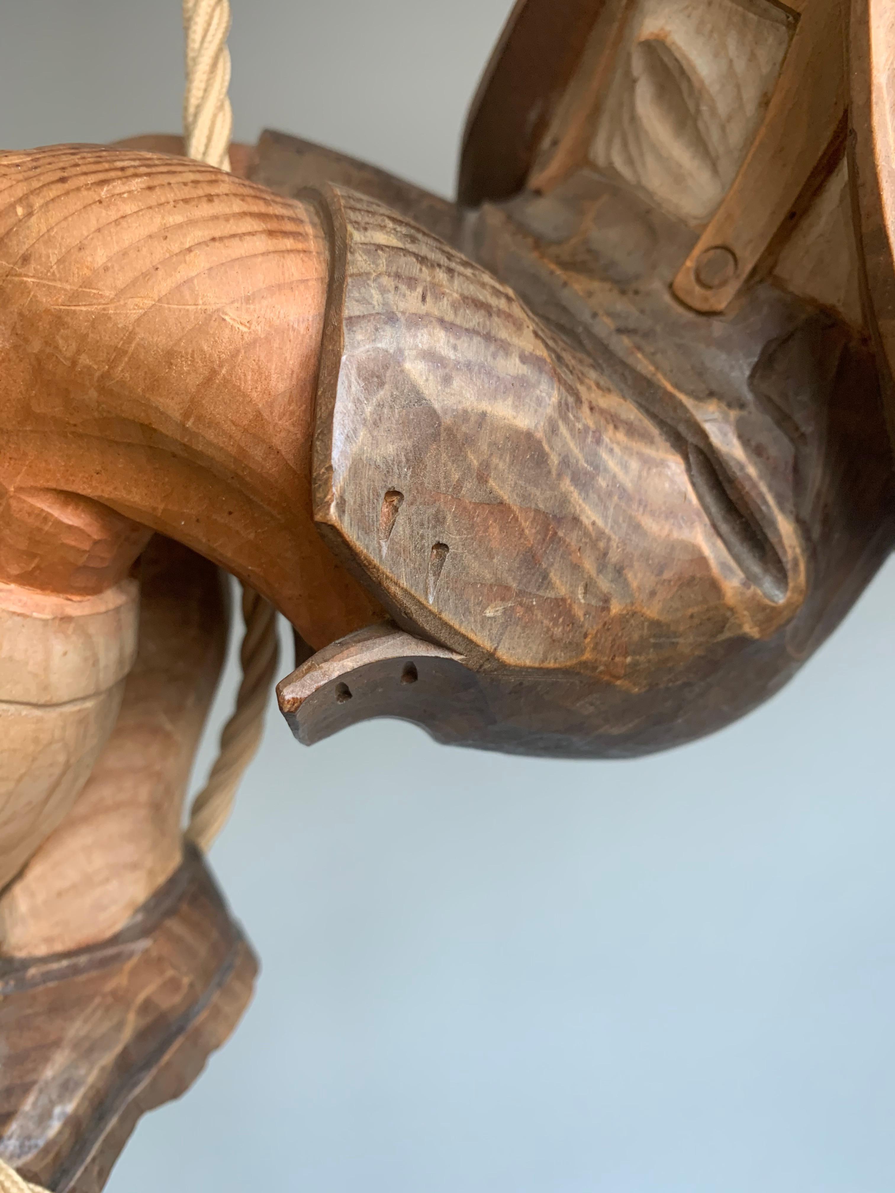 Vintage Hand Carved Mountaineer Sculpture Pendant Light w. Glass & Metal Lantern 3