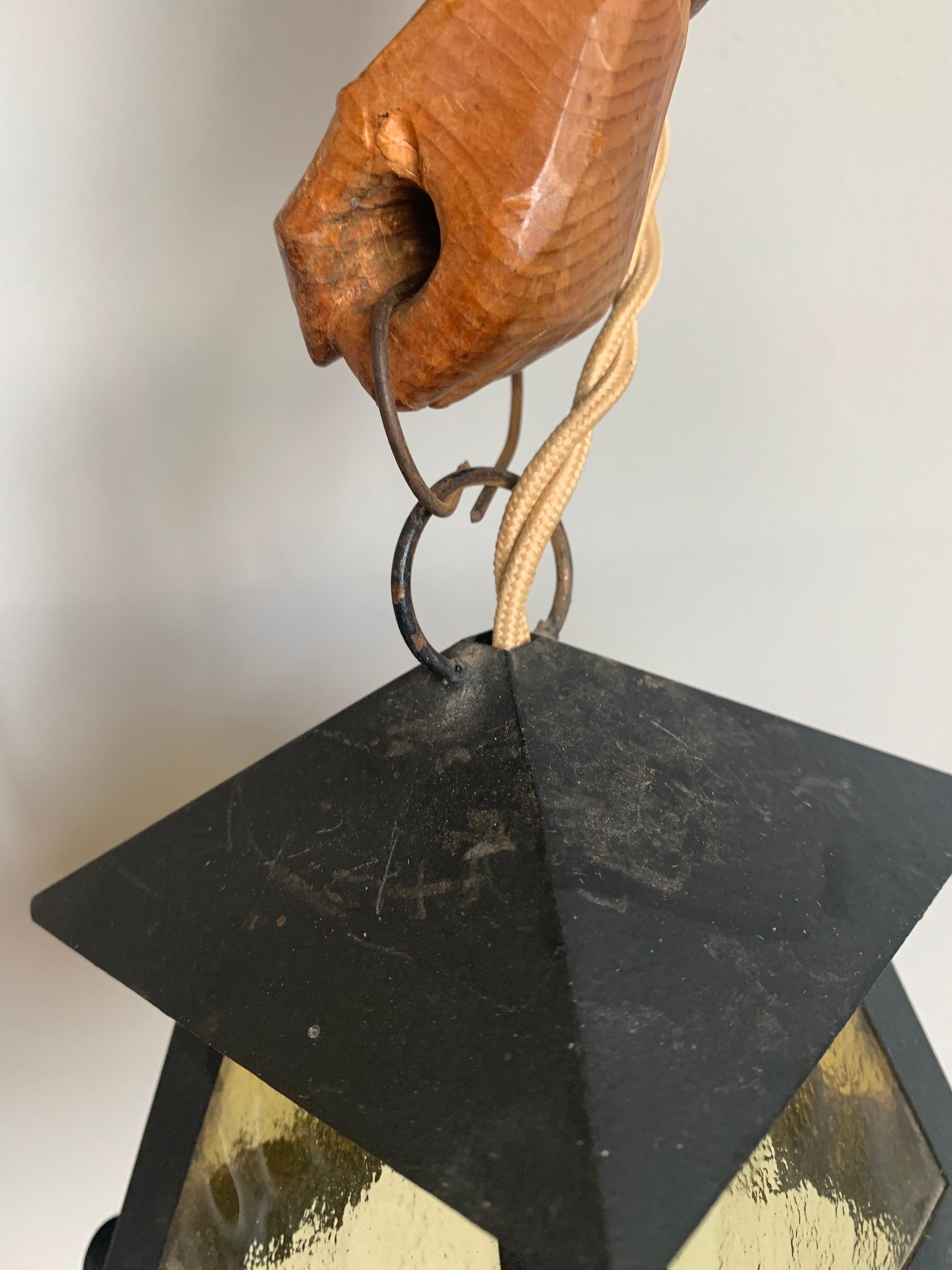 Vintage Hand Carved Mountaineer Sculpture Pendant Light w. Glass & Metal Lantern 8