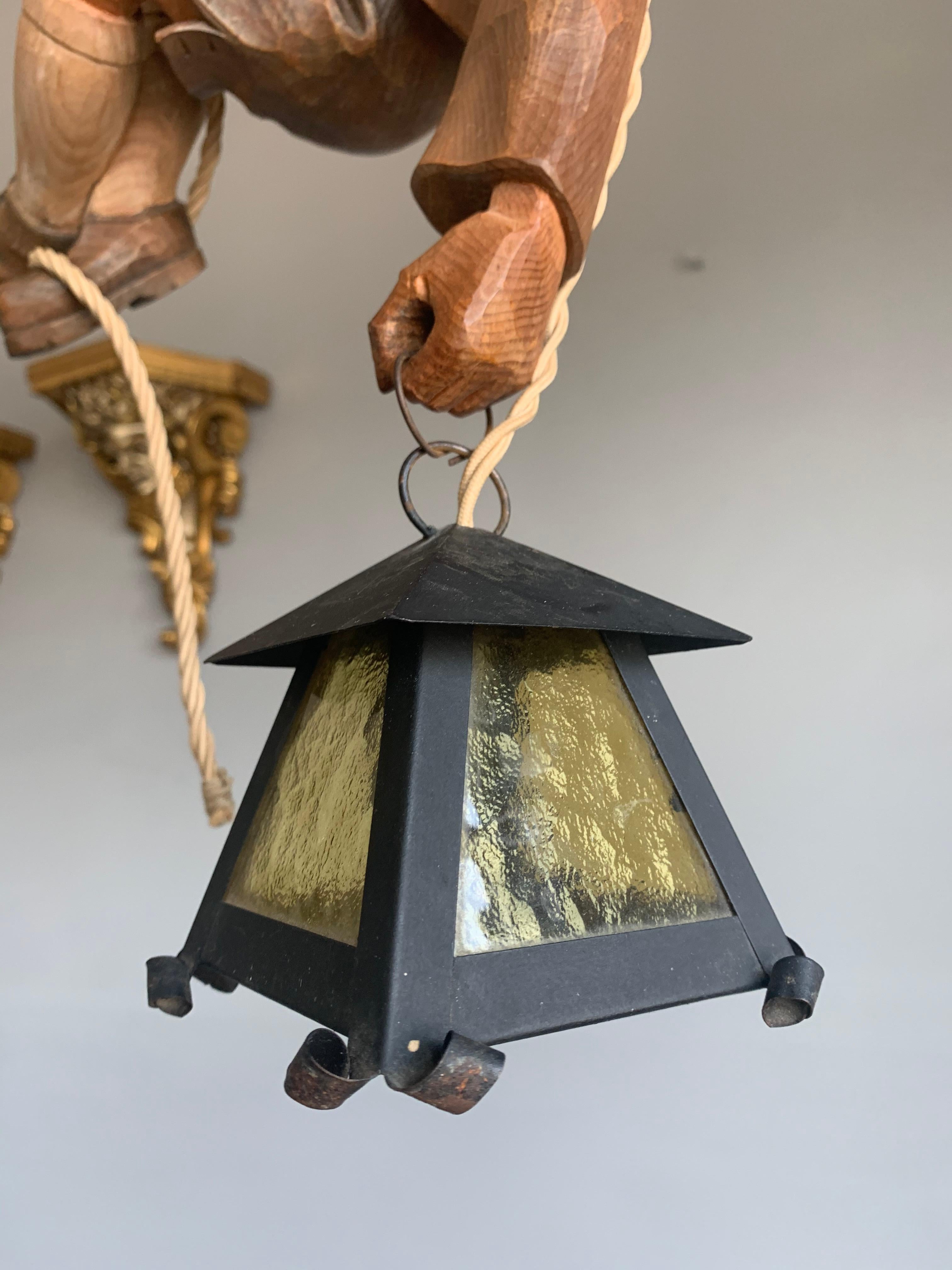Rope Vintage Hand Carved Mountaineer Sculpture Pendant Light w. Glass & Metal Lantern