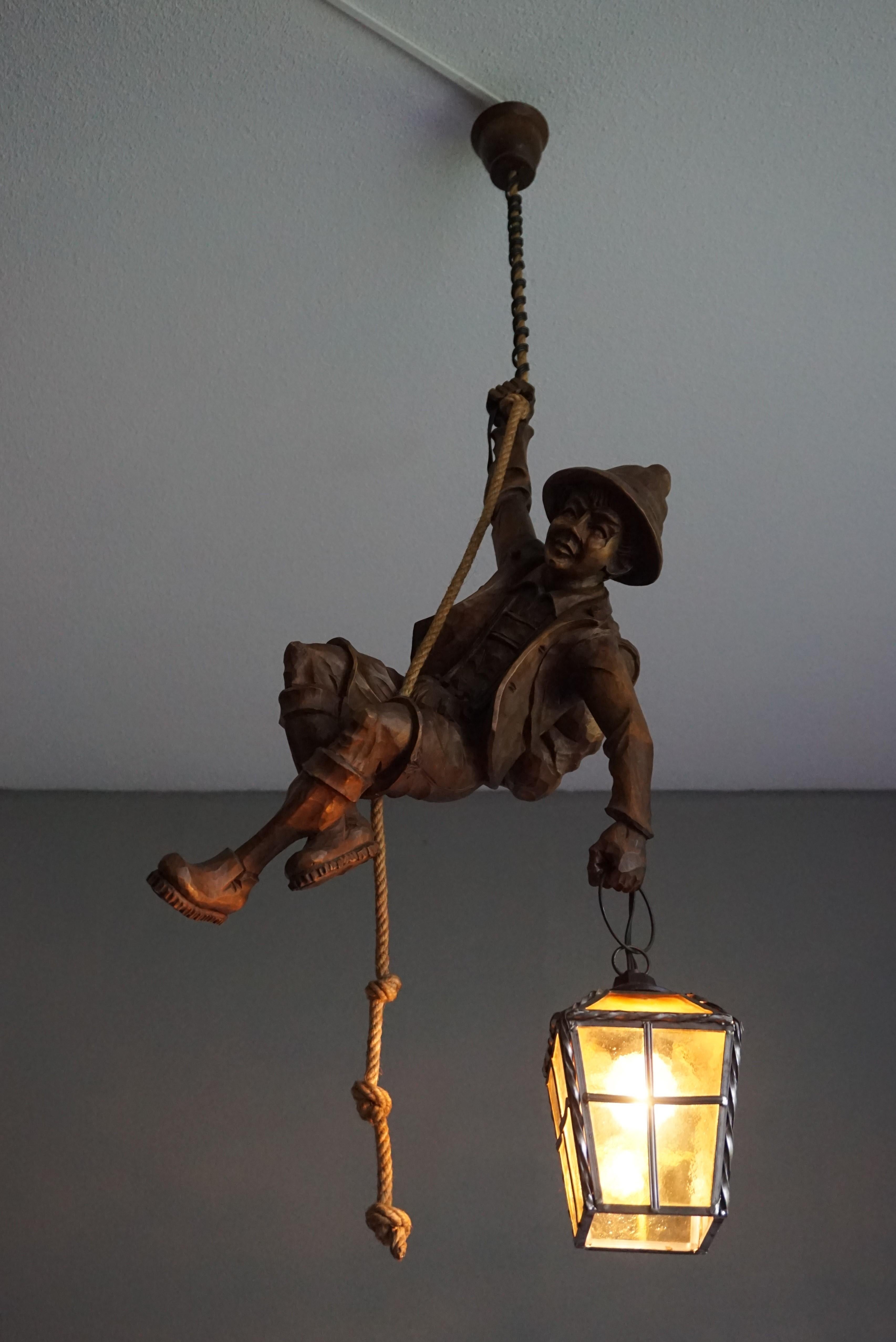 Vintage Hand Carved Mountaineer Sculpture Pendant Light w. Stained Glass Lantern 4