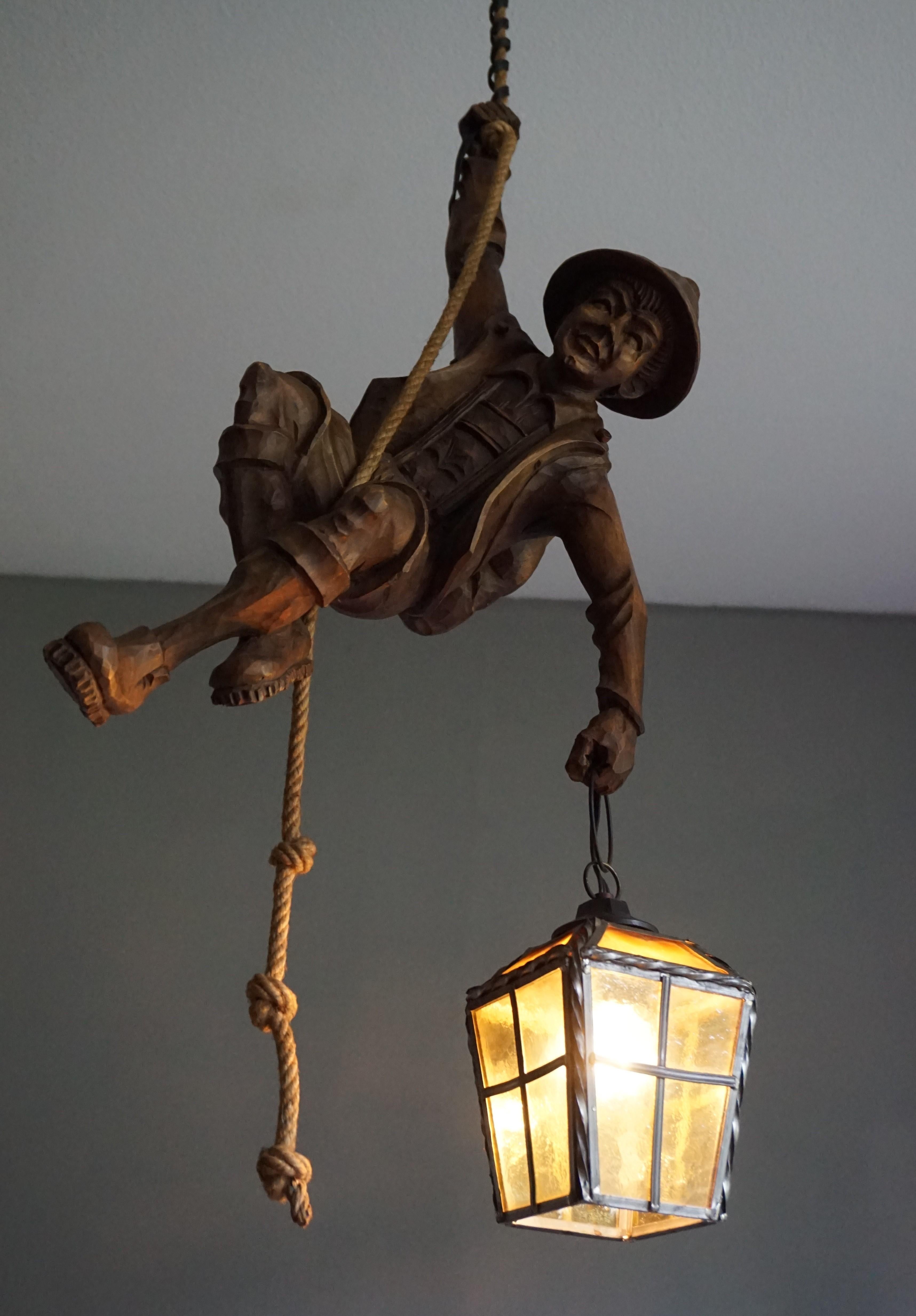Vintage Hand Carved Mountaineer Sculpture Pendant Light w. Stained Glass Lantern 6
