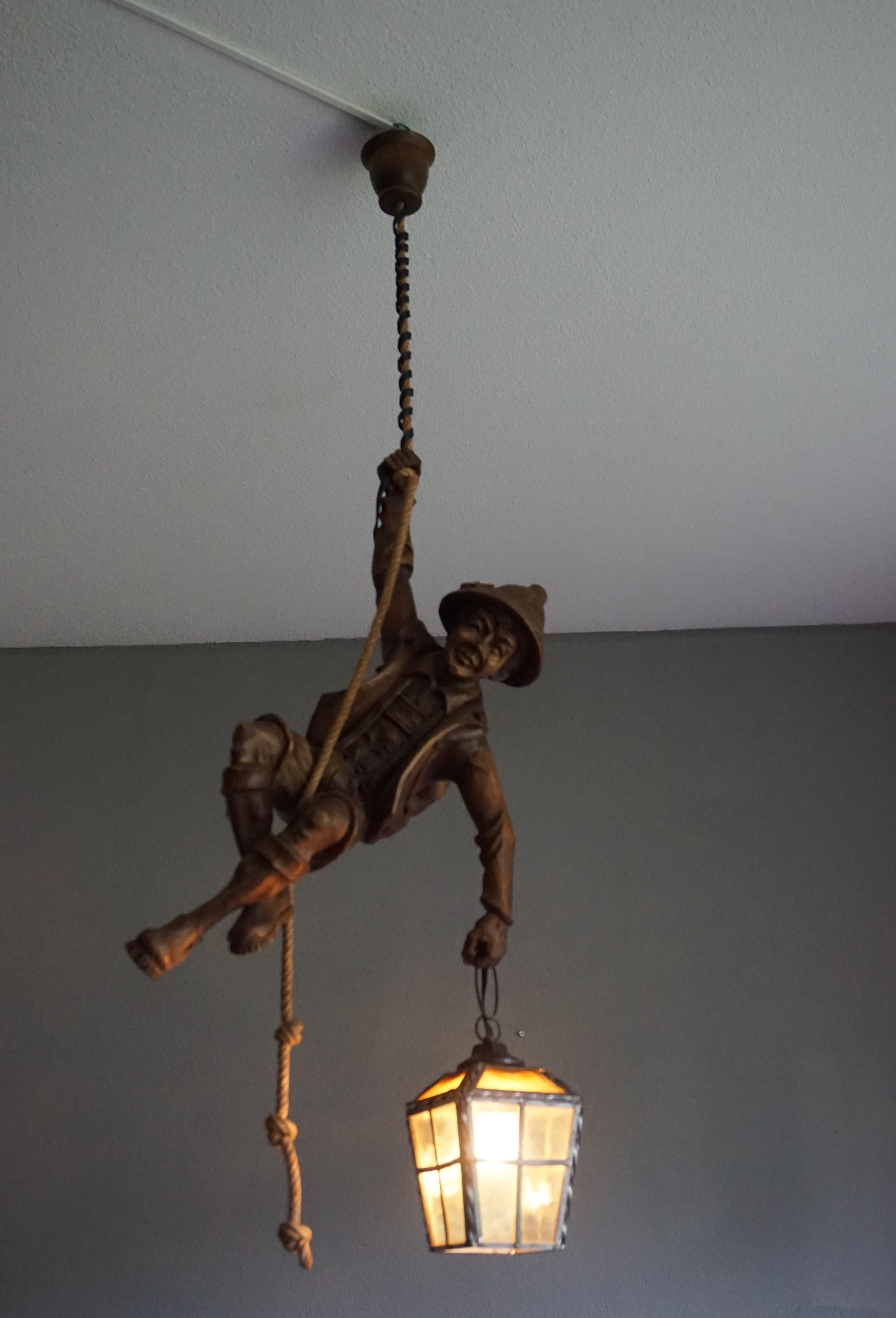 Austrian Vintage Hand Carved Mountaineer Sculpture Pendant Light w. Stained Glass Lantern