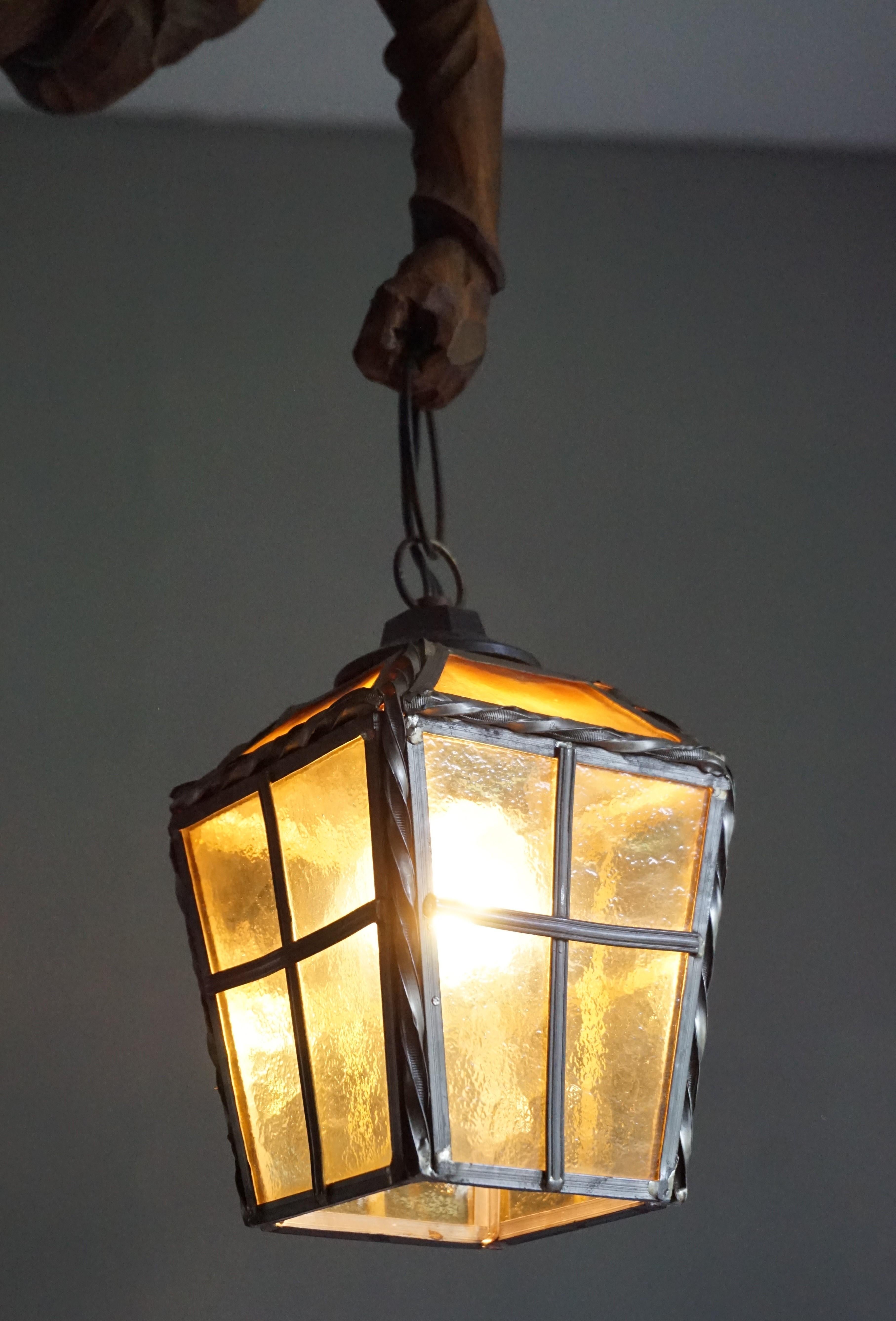 Vintage Hand Carved Mountaineer Sculpture Pendant Light w. Stained Glass Lantern 1