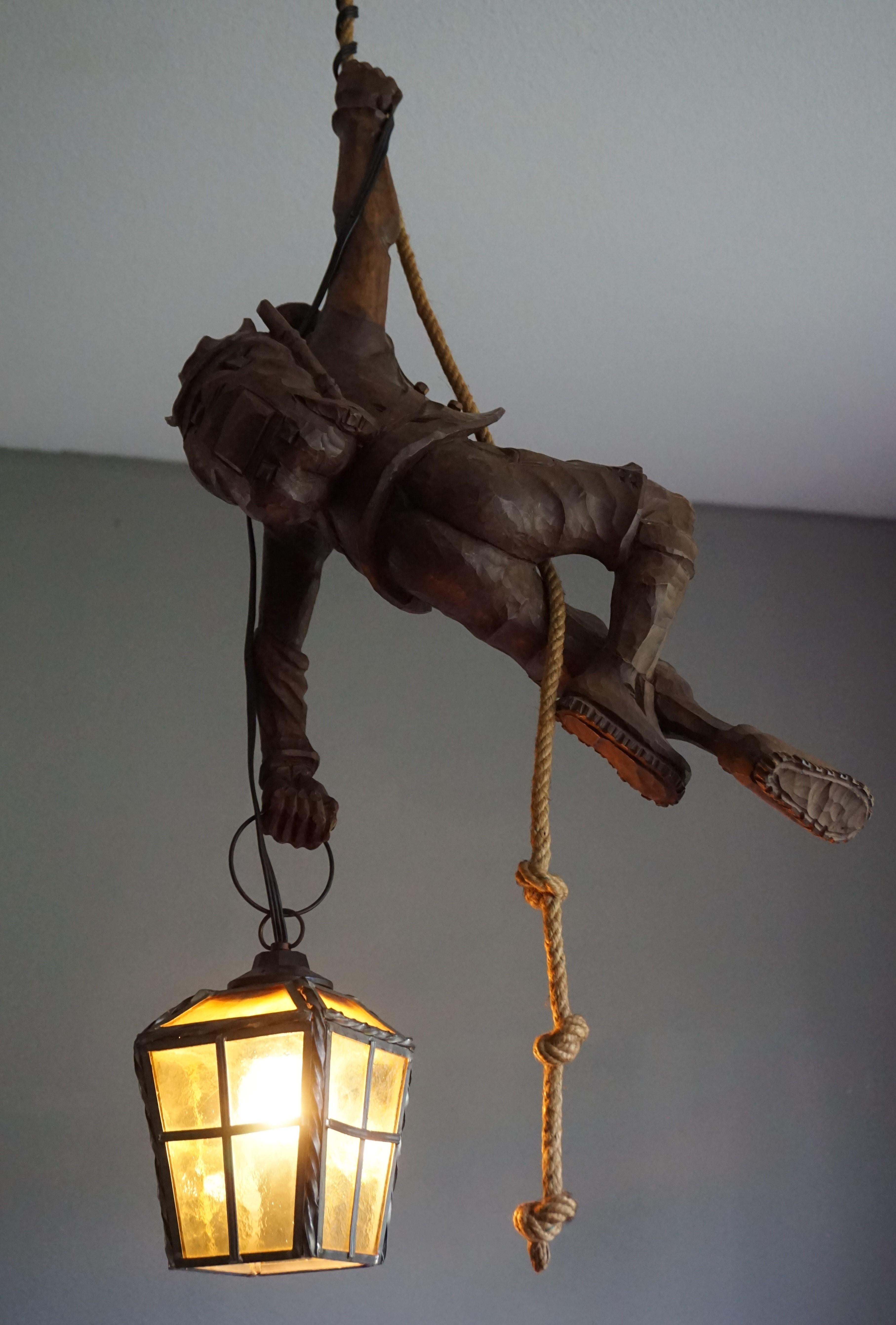 Vintage Hand Carved Mountaineer Sculpture Pendant Light w. Stained Glass Lantern 2