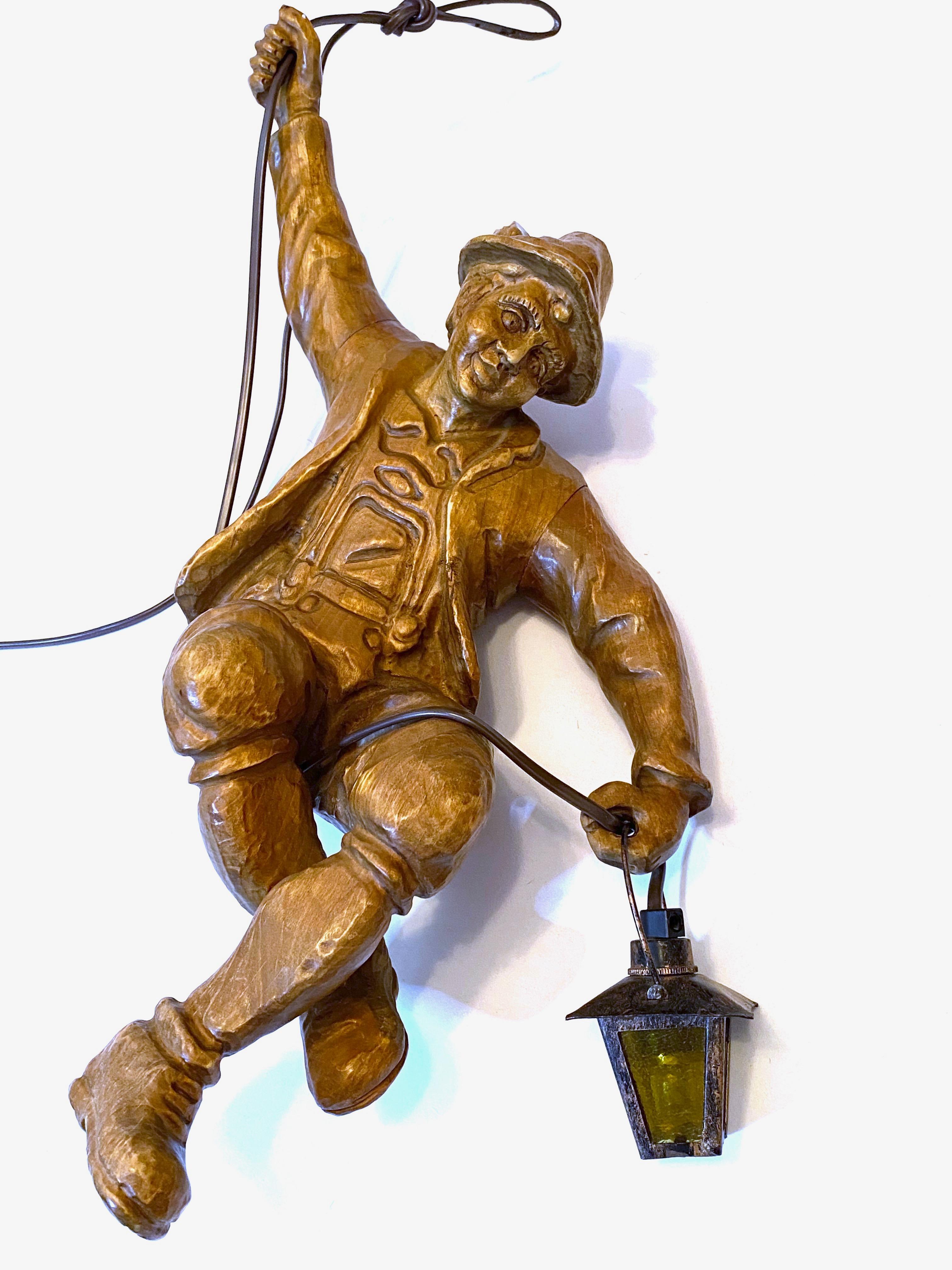 Austrian Vintage Hand Carved Mountaineer Sculpture Pendant Light with Glass Lantern