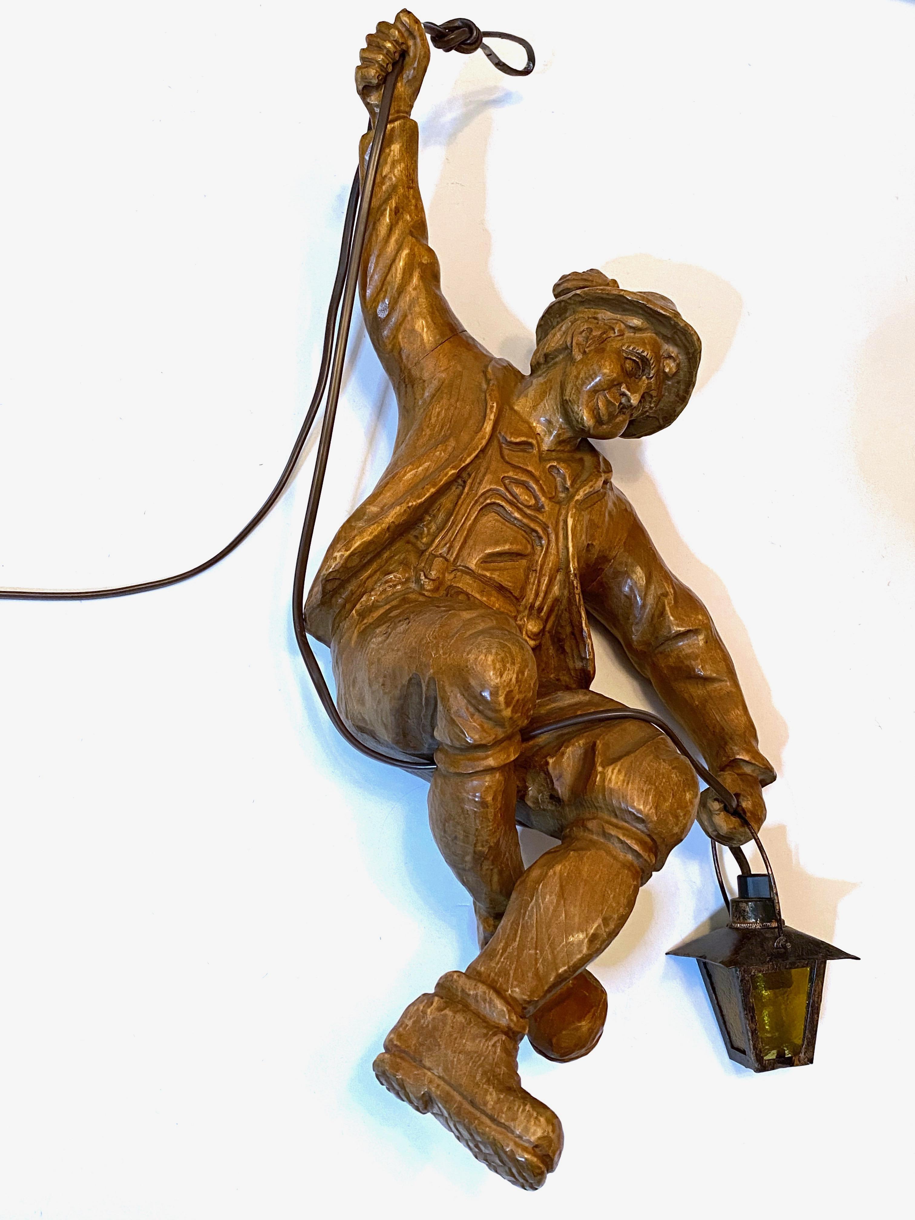 Vintage Hand Carved Mountaineer Sculpture Pendant Light with Glass Lantern In Good Condition In Nuernberg, DE