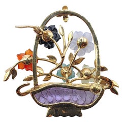 Vintage Hand-Carved Multi-Gemstone Flower Basket Brooch in 14K Yellow Gold