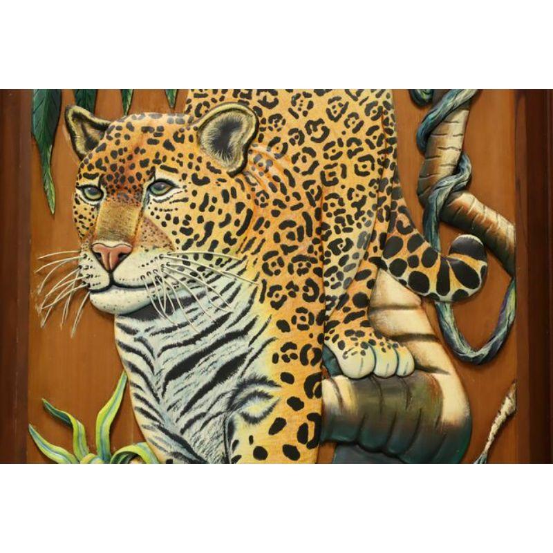 Hand Carved & Painted Honduras Mahogany Door / Panel - Jaguar & Toucans In Good Condition In Charlotte, NC
