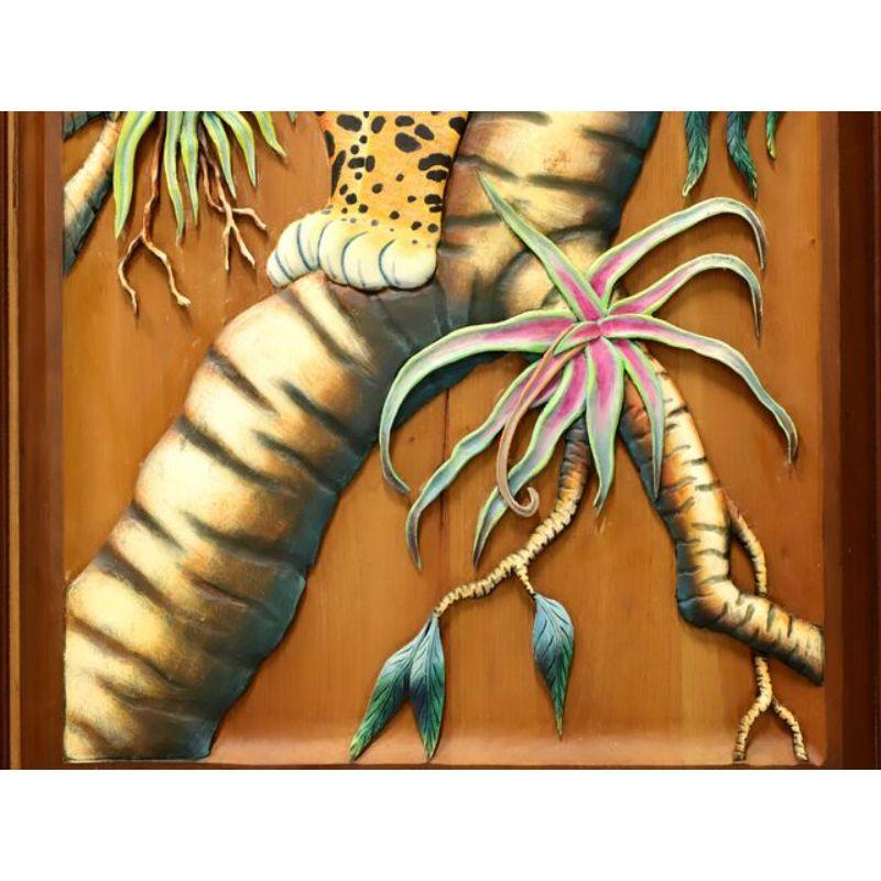 20th Century Hand Carved & Painted Honduras Mahogany Door / Panel - Jaguar & Toucans