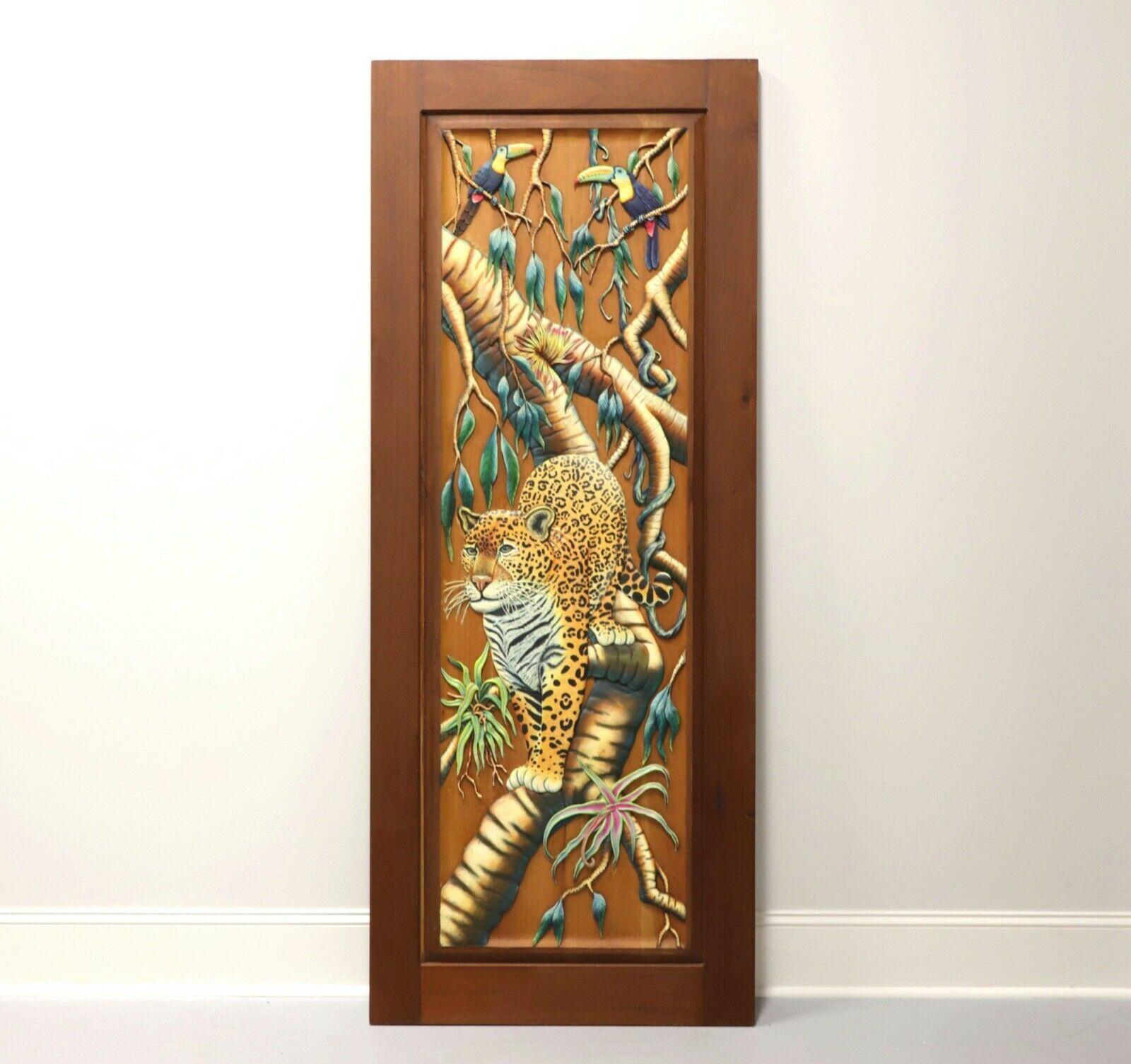 Puerta / Panel de Caoba de Honduras Tallada y Pintada a Mano - Jaguar y Tucanes siglo XX