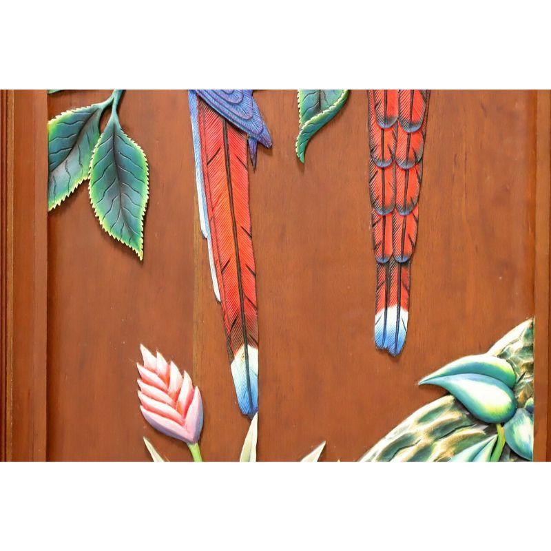 Hand Carved & Painted Honduras Mahogany Door / Panel - Red Parrots In Good Condition In Charlotte, NC