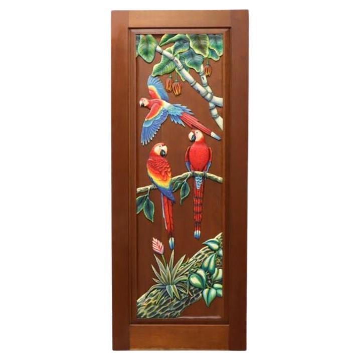 Hand Carved & Painted Honduras Mahogany Door / Panel - Red Parrots