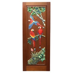 Hand Carved & Painted Honduras Mahogany Door / Panel - Red Parrots