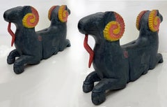 Vintage Hand-Carved Painted Wood Rams Coffee Table Bases