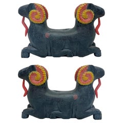 Vintage Hand-Carved Painted Wood Rams Coffee Table Bases