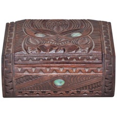 Vintage Hand Carved Pearly Shell Eyes Wooden Jewelry Box