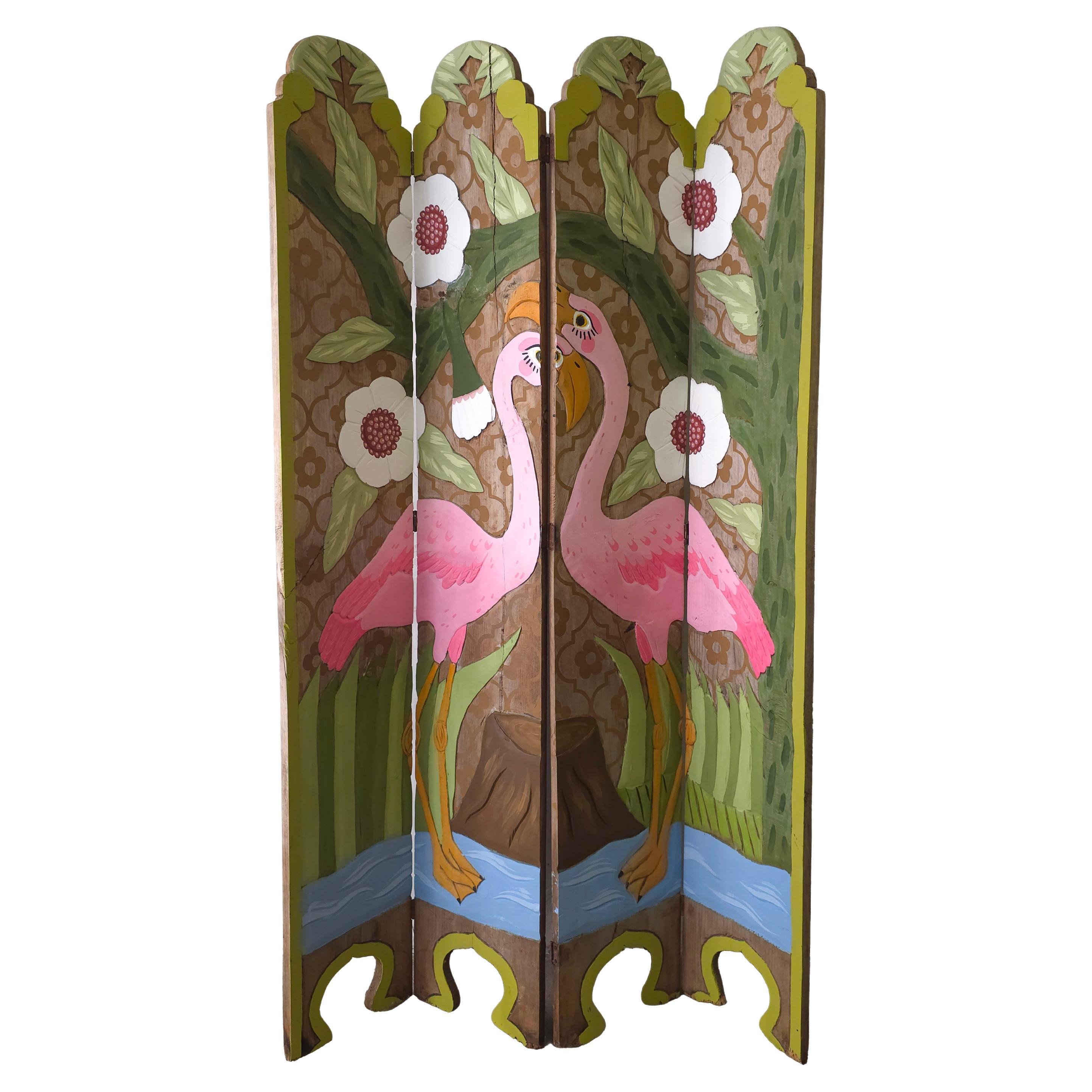Vintage Hand Carved  Pink Flamingo Room Divider Screen