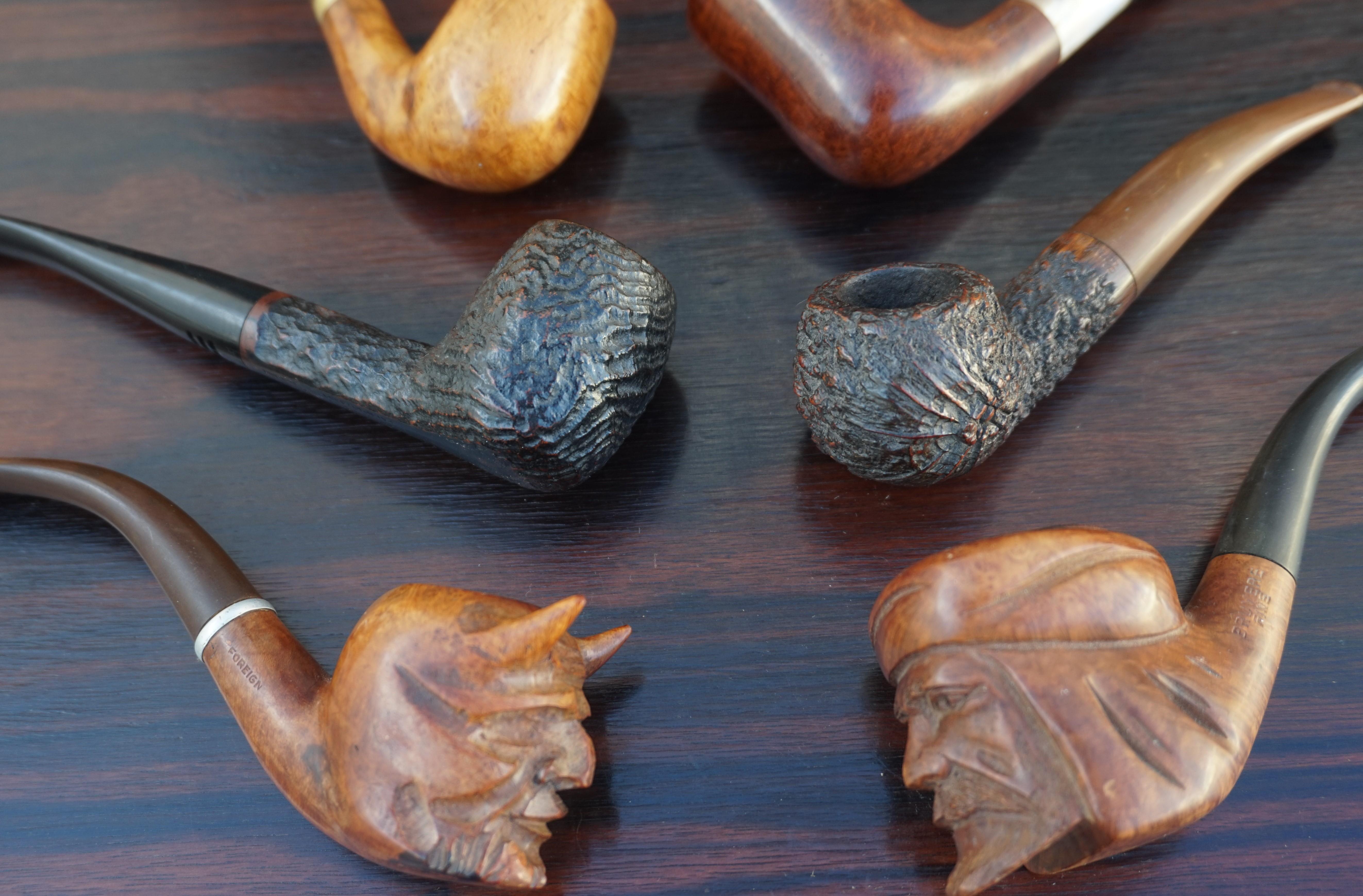Wood Vintage Hand Carved Pipe Collection Devil & Arab Sculptures and More Rare Pipes For Sale